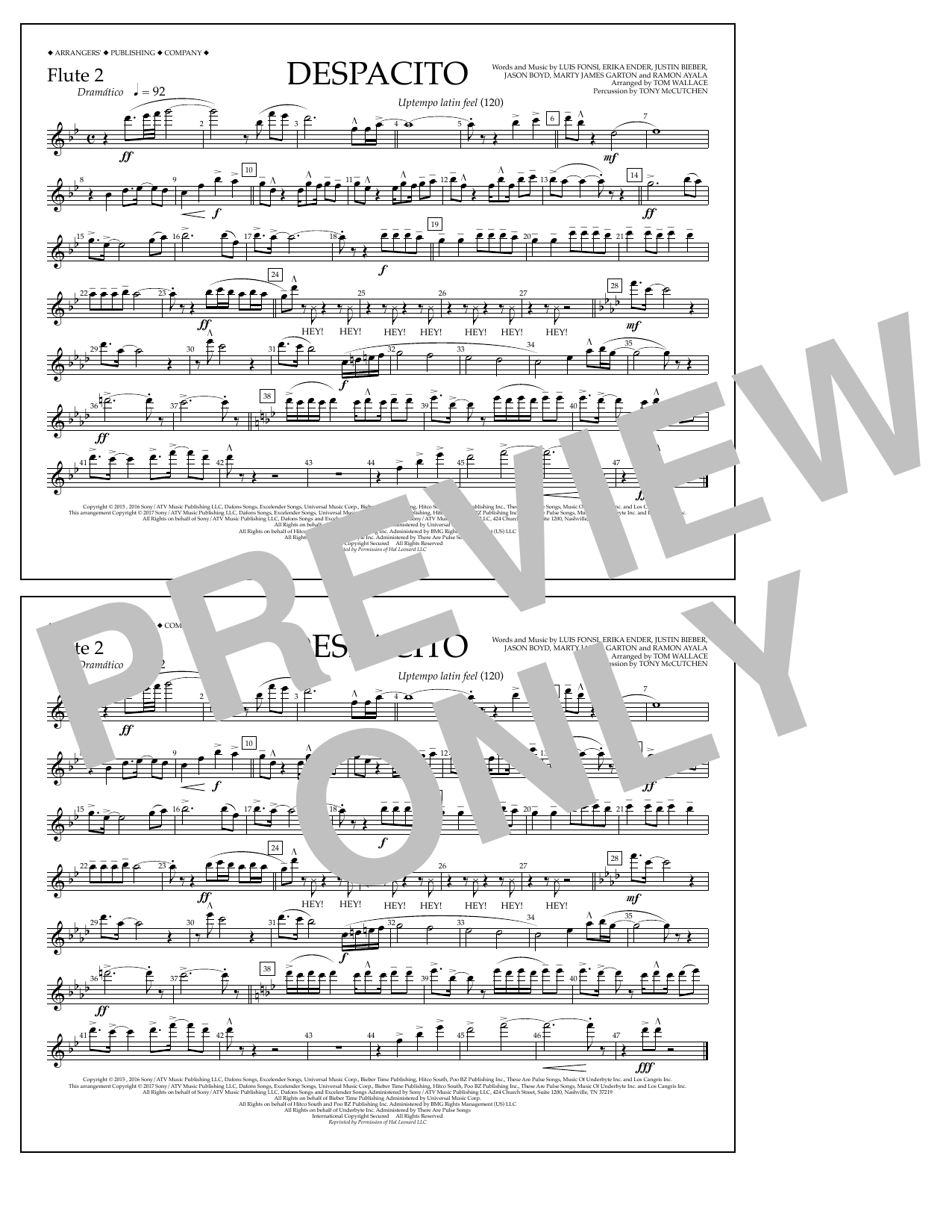 Luis Fonsi & Daddy Yankee feat. Justin Bieber Despacito (arr. Tom Wallace) - Flute 2 Sheet Music Notes & Chords for Marching Band - Download or Print PDF