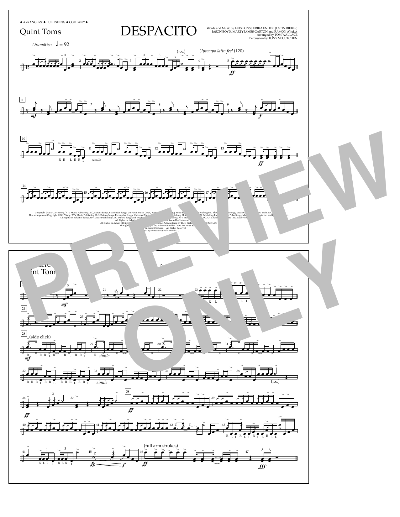 Luis Fonsi & Daddy Yankee feat. Justin Bieber Despacito (arr. Tom Wallace) - Quint-Toms Sheet Music Notes & Chords for Marching Band - Download or Print PDF