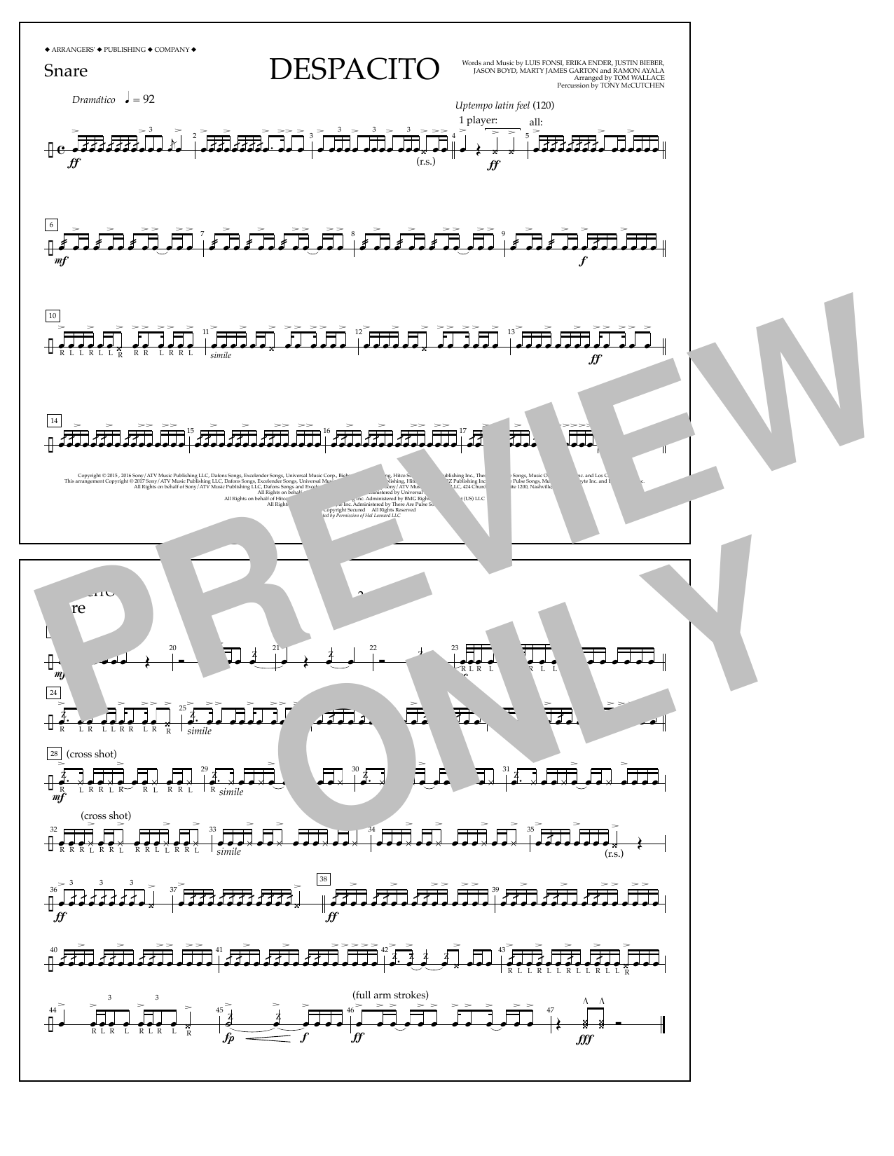 Luis Fonsi & Daddy Yankee feat. Justin Bieber Despacito (arr. Tom Wallace) - Snare Sheet Music Notes & Chords for Marching Band - Download or Print PDF