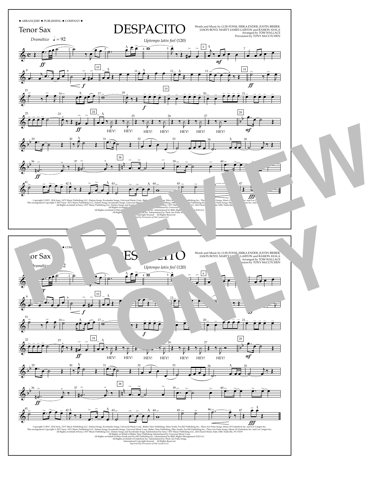 Luis Fonsi & Daddy Yankee feat. Justin Bieber Despacito (arr. Tom Wallace) - Tenor Sax Sheet Music Notes & Chords for Marching Band - Download or Print PDF