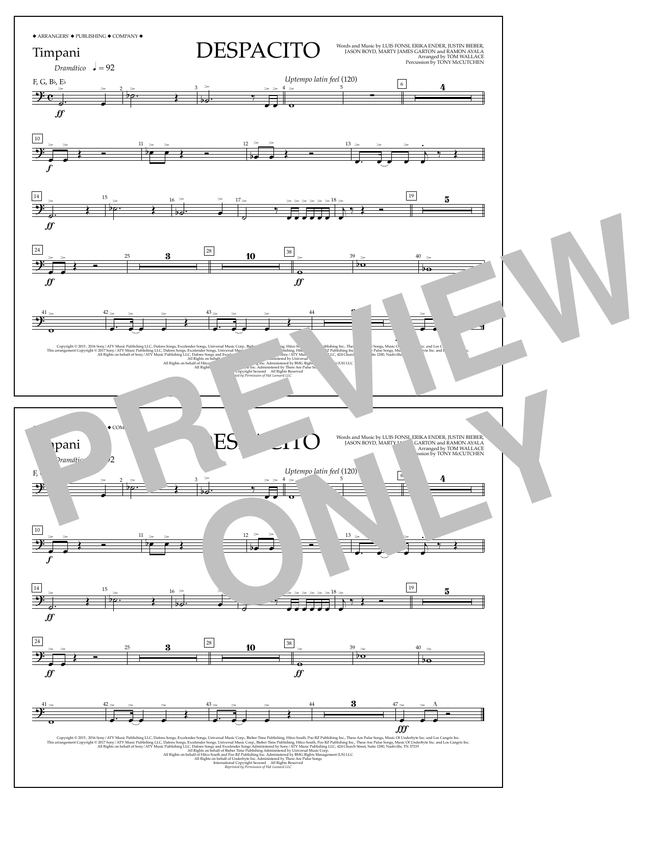Luis Fonsi & Daddy Yankee feat. Justin Bieber Despacito (arr. Tom Wallace) - Timpani Sheet Music Notes & Chords for Marching Band - Download or Print PDF