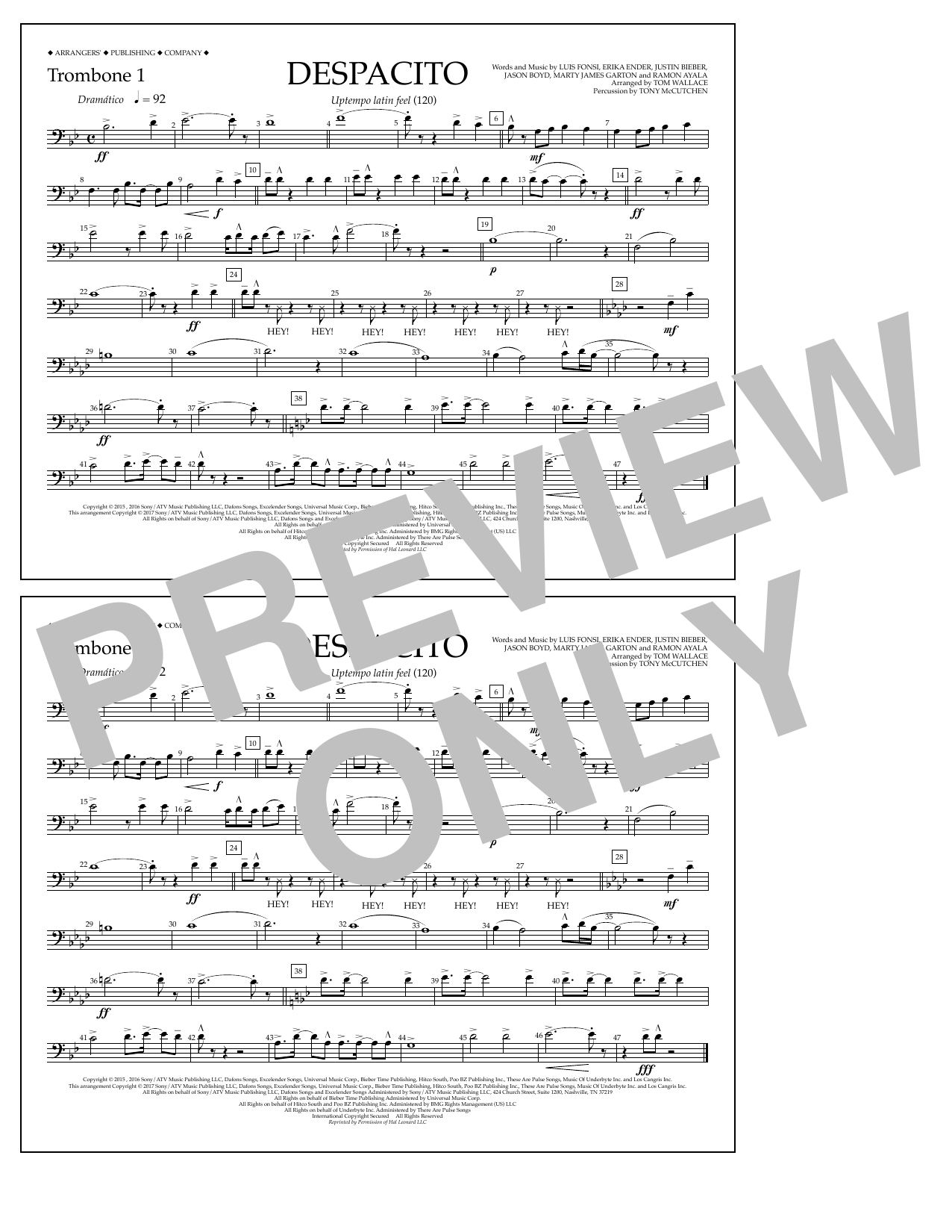 Luis Fonsi & Daddy Yankee feat. Justin Bieber Despacito (arr. Tom Wallace) - Trombone 1 Sheet Music Notes & Chords for Marching Band - Download or Print PDF