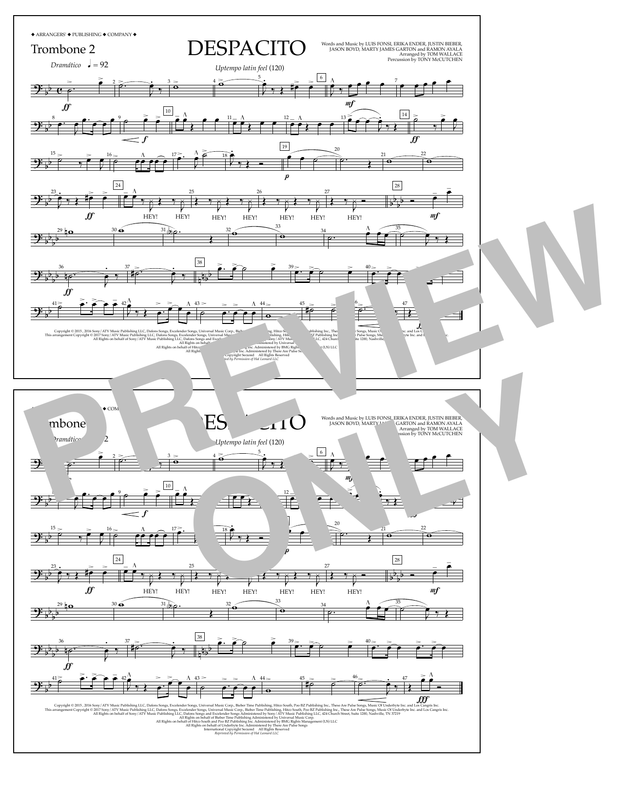 Luis Fonsi & Daddy Yankee feat. Justin Bieber Despacito (arr. Tom Wallace) - Trombone 2 Sheet Music Notes & Chords for Marching Band - Download or Print PDF