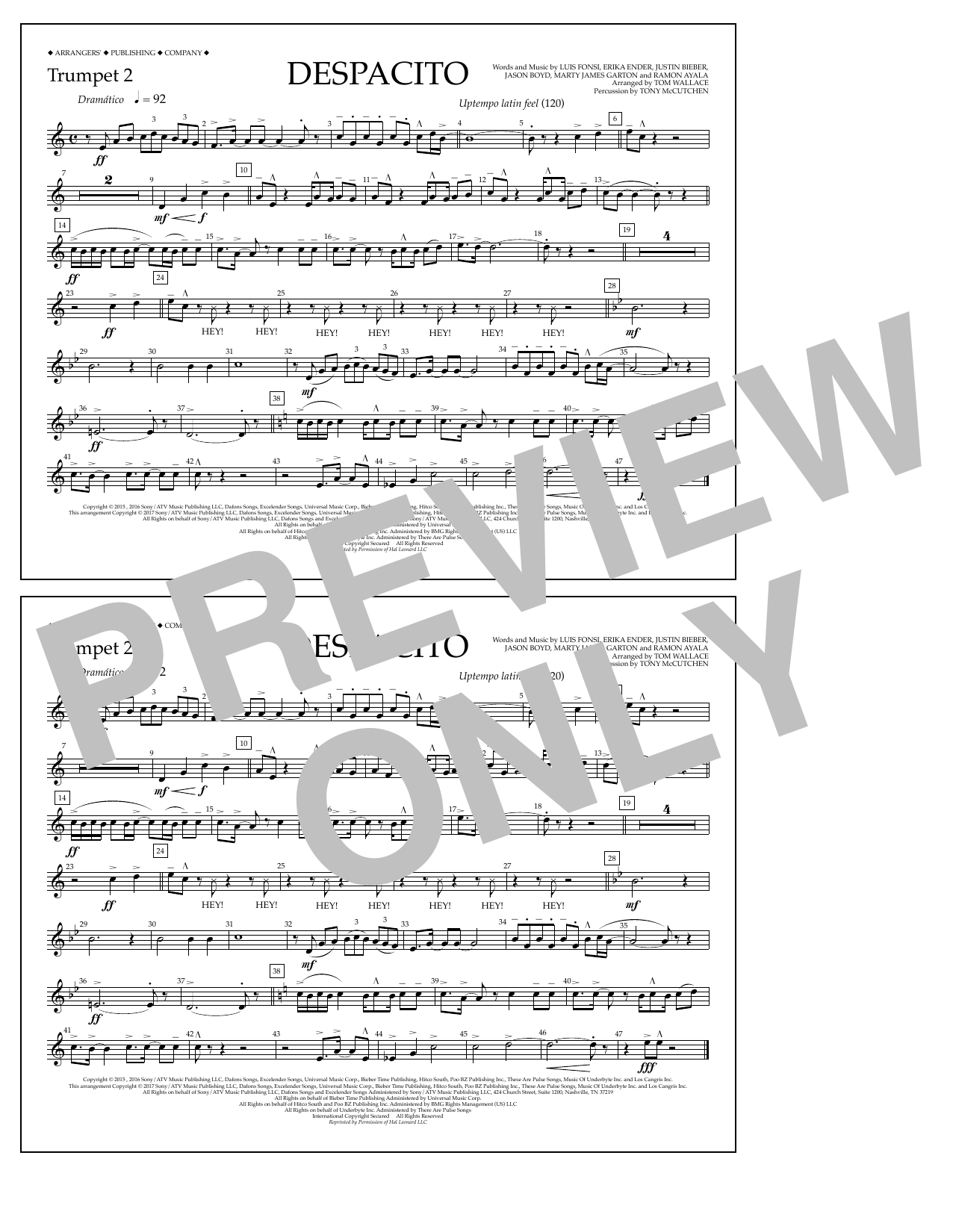 Luis Fonsi & Daddy Yankee feat. Justin Bieber Despacito (arr. Tom Wallace) - Trumpet 2 Sheet Music Notes & Chords for Marching Band - Download or Print PDF