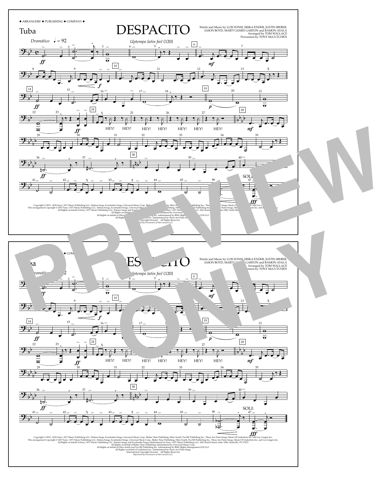 Luis Fonsi & Daddy Yankee feat. Justin Bieber Despacito (arr. Tom Wallace) - Tuba Sheet Music Notes & Chords for Marching Band - Download or Print PDF
