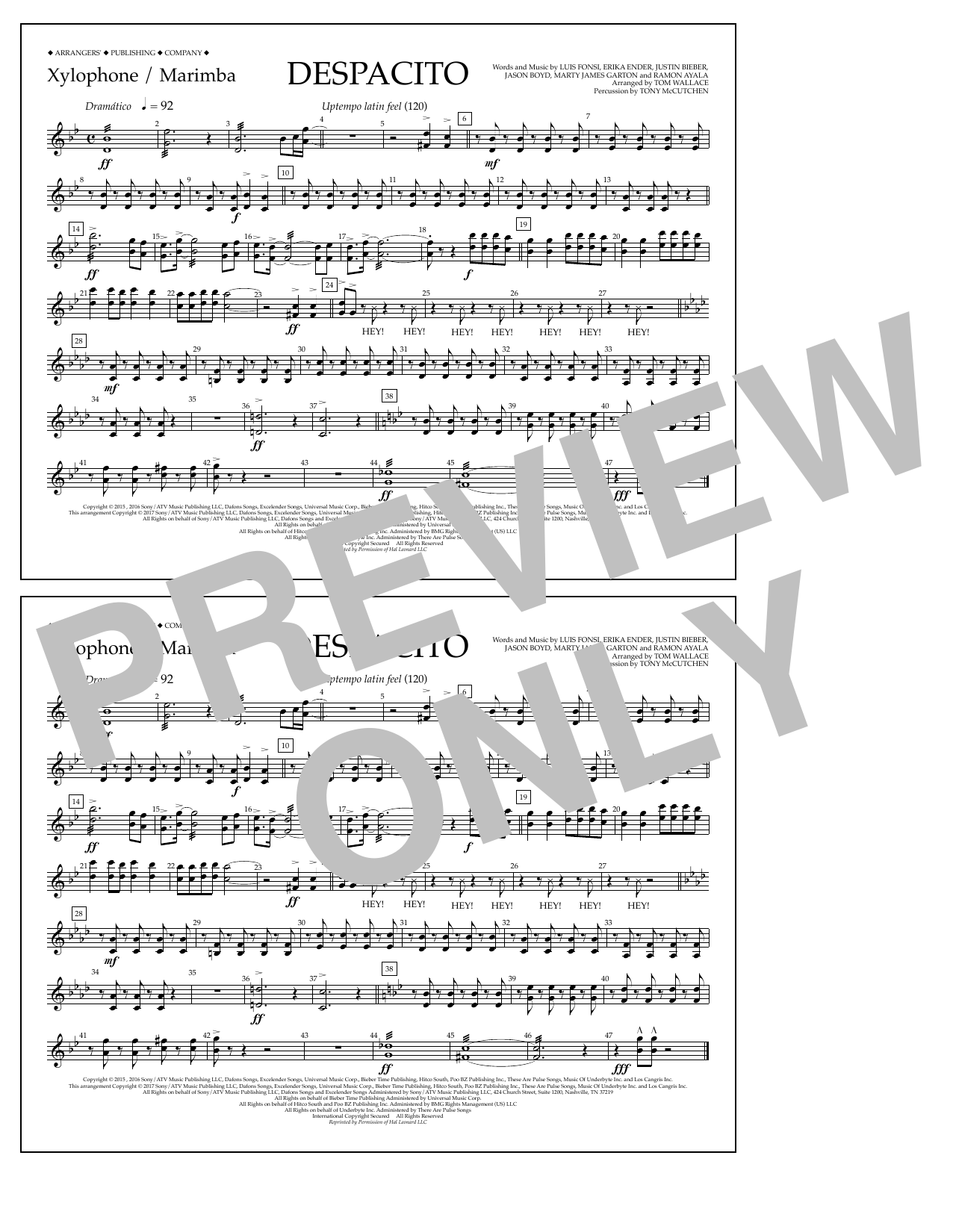 Luis Fonsi & Daddy Yankee feat. Justin Bieber Despacito (arr. Tom Wallace) - Xylophone/Marimba Sheet Music Notes & Chords for Marching Band - Download or Print PDF