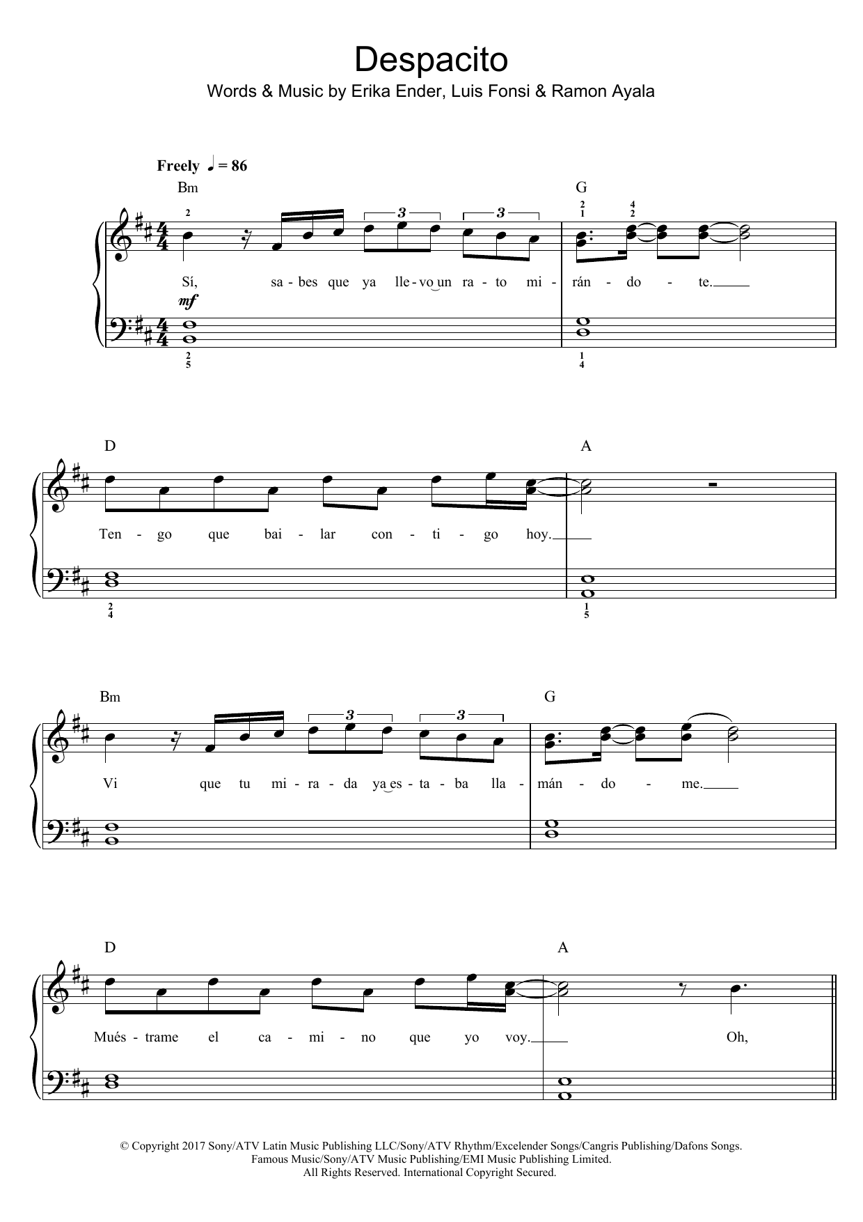 Luis Fonsi & Daddy Yankee feat. Justin Bieber Despacito Sheet Music Notes & Chords for Piano, Vocal & Guitar (Right-Hand Melody) - Download or Print PDF