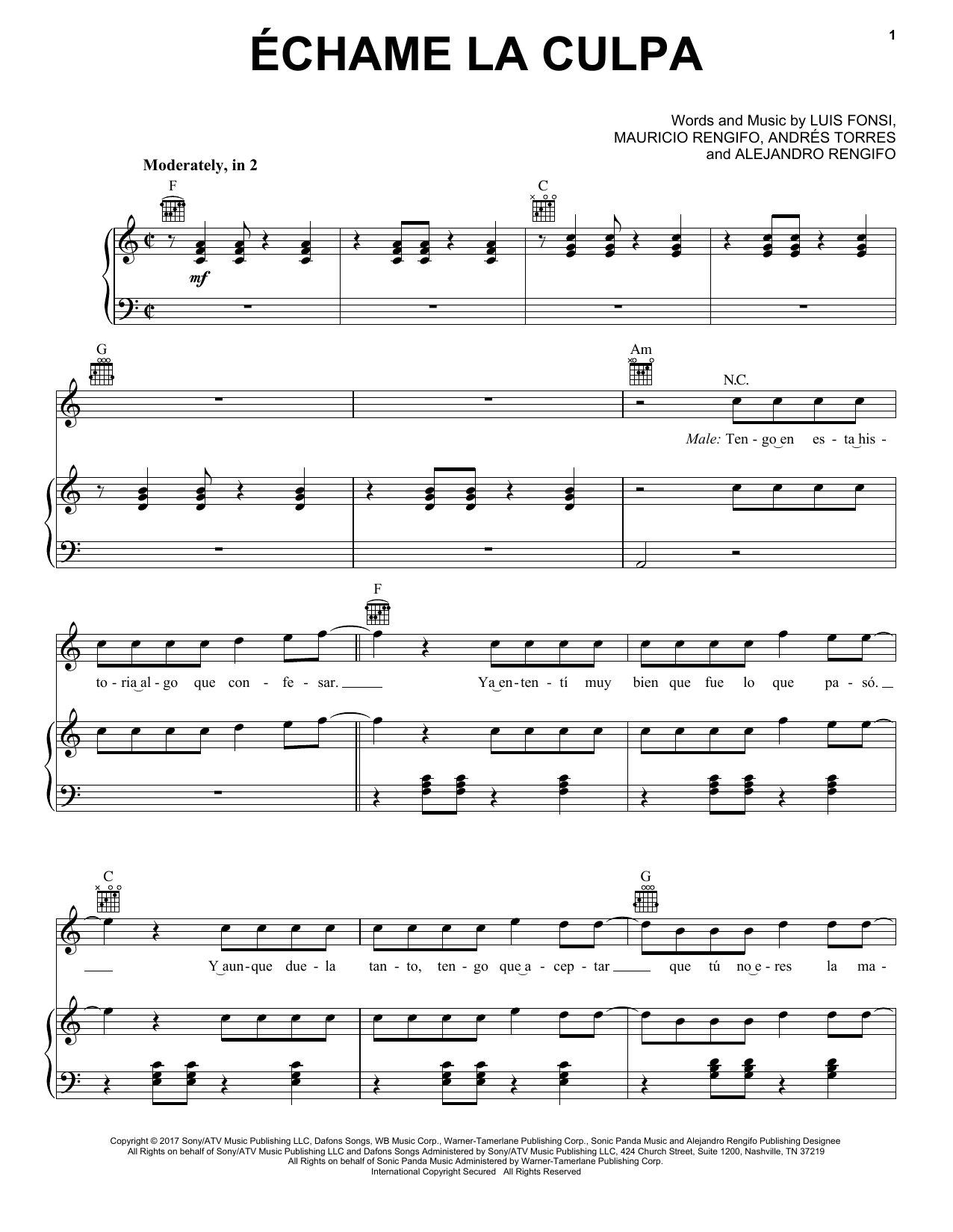 Luis Fonsi and Demi Lovato Echame La Culpa Sheet Music Notes & Chords for Piano, Vocal & Guitar (Right-Hand Melody) - Download or Print PDF