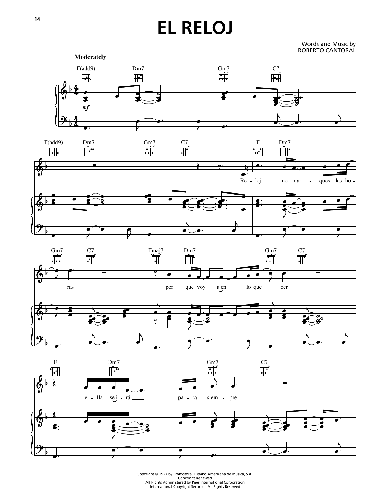 Luis Miguel El Reloj Sheet Music Notes & Chords for Piano, Vocal & Guitar Chords (Right-Hand Melody) - Download or Print PDF