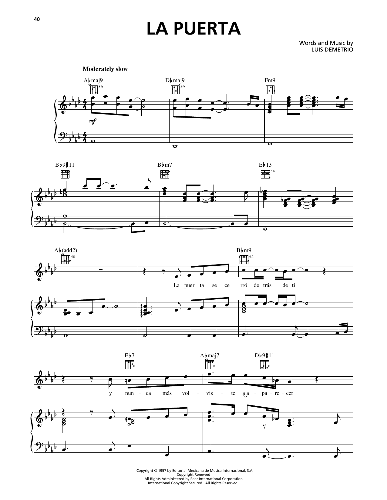 Luis Miguel La Puerta Sheet Music Notes & Chords for Piano, Vocal & Guitar Chords (Right-Hand Melody) - Download or Print PDF