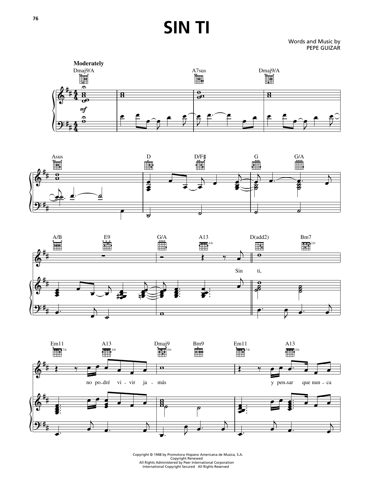 Luis Miguel Sin Ti Sheet Music Notes & Chords for Piano, Vocal & Guitar Chords (Right-Hand Melody) - Download or Print PDF