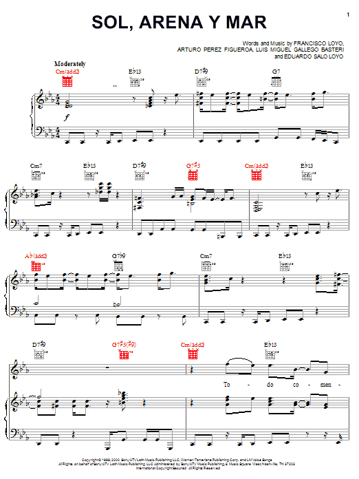 Luis Miguel Sol, Arena, Y Mar Sheet Music Notes & Chords for Piano, Vocal & Guitar (Right-Hand Melody) - Download or Print PDF