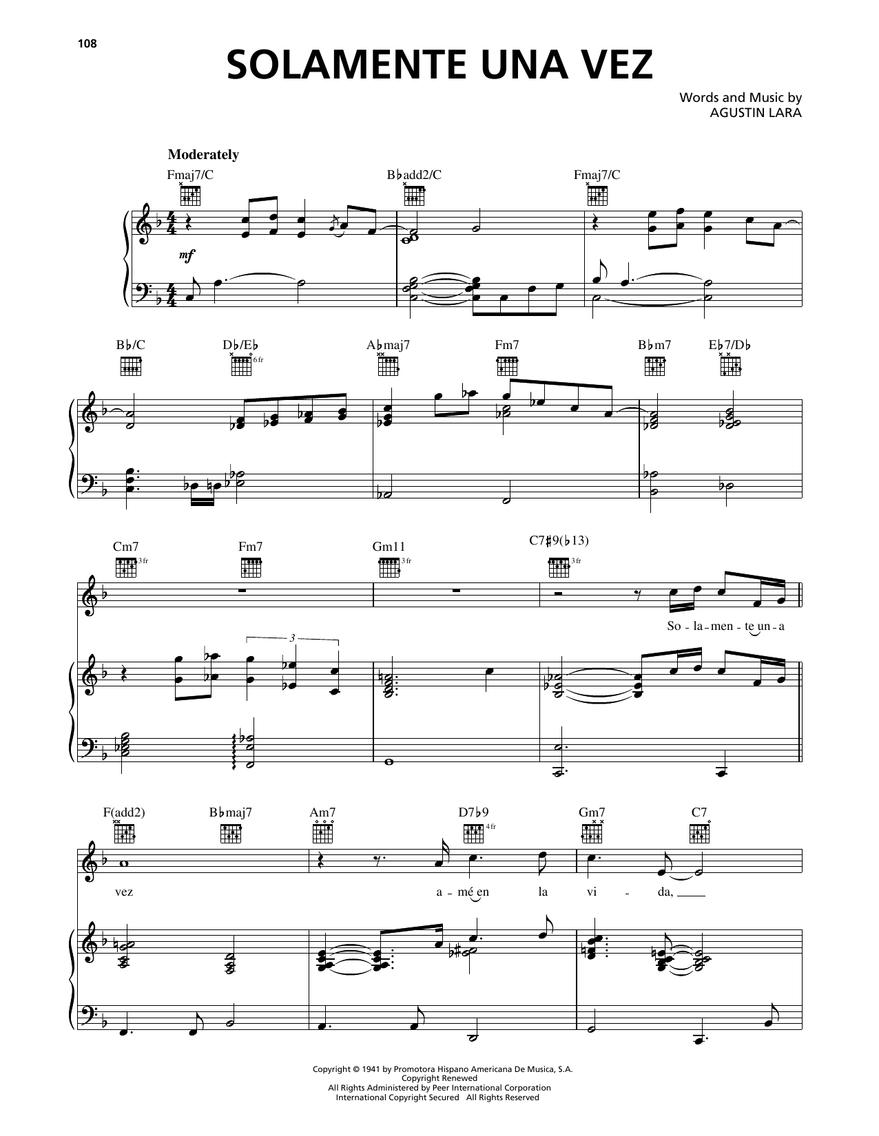 Luis Miguel Solamente Una Vez Sheet Music Notes & Chords for Piano, Vocal & Guitar Chords (Right-Hand Melody) - Download or Print PDF