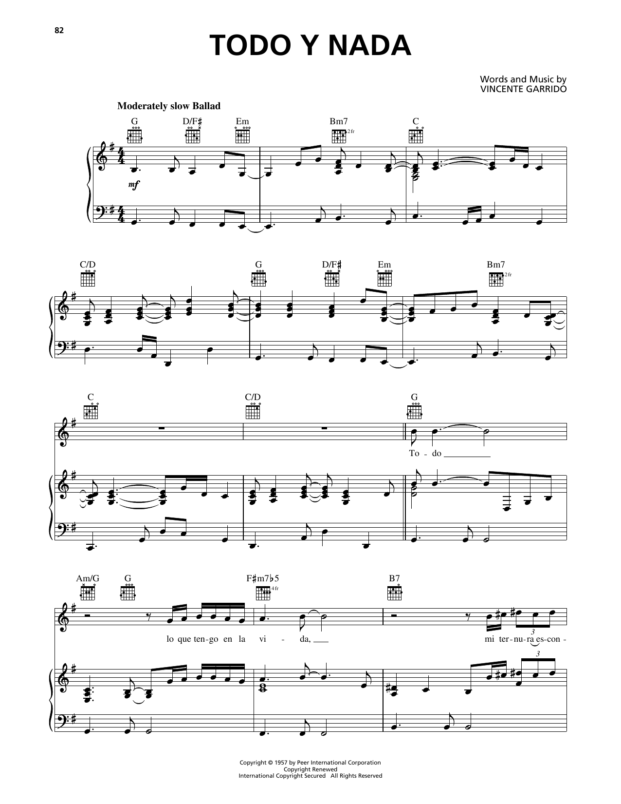 Luis Miguel Todo Y Nada Sheet Music Notes & Chords for Piano, Vocal & Guitar Chords (Right-Hand Melody) - Download or Print PDF