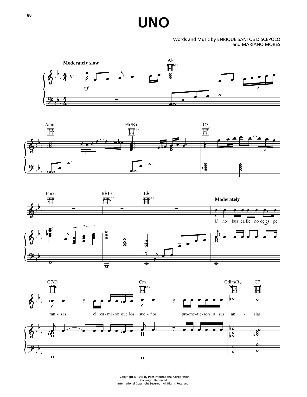 Luis Miguel Uno Sheet Music Notes & Chords for Piano, Vocal & Guitar Chords (Right-Hand Melody) - Download or Print PDF