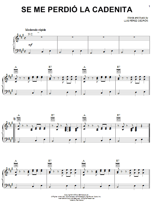 Luis Pérez Cedrón Se Me Perdió La Cadenita Sheet Music Notes & Chords for Piano, Vocal & Guitar (Right-Hand Melody) - Download or Print PDF