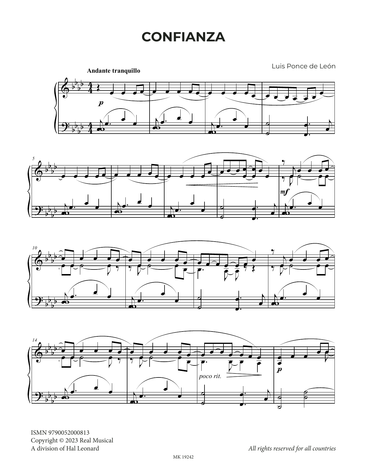 Luis Ponce de León Confianza Sheet Music Notes & Chords for Piano Solo - Download or Print PDF