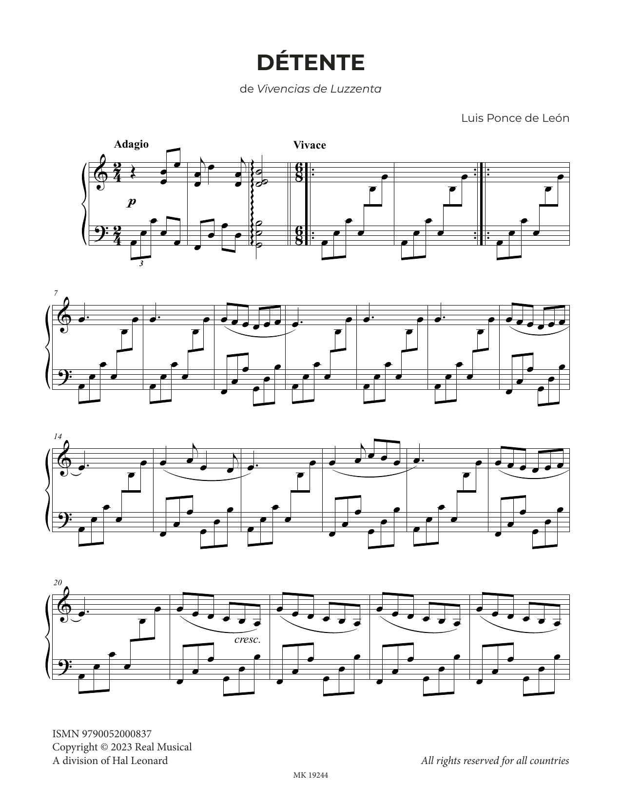 Luis Ponce de León Détente Sheet Music Notes & Chords for Piano Solo - Download or Print PDF
