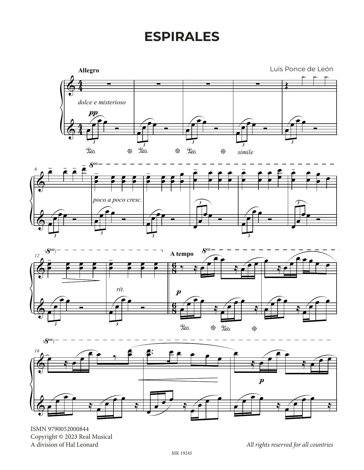 Luis Ponce de León Espirales Sheet Music Notes & Chords for Piano Solo - Download or Print PDF
