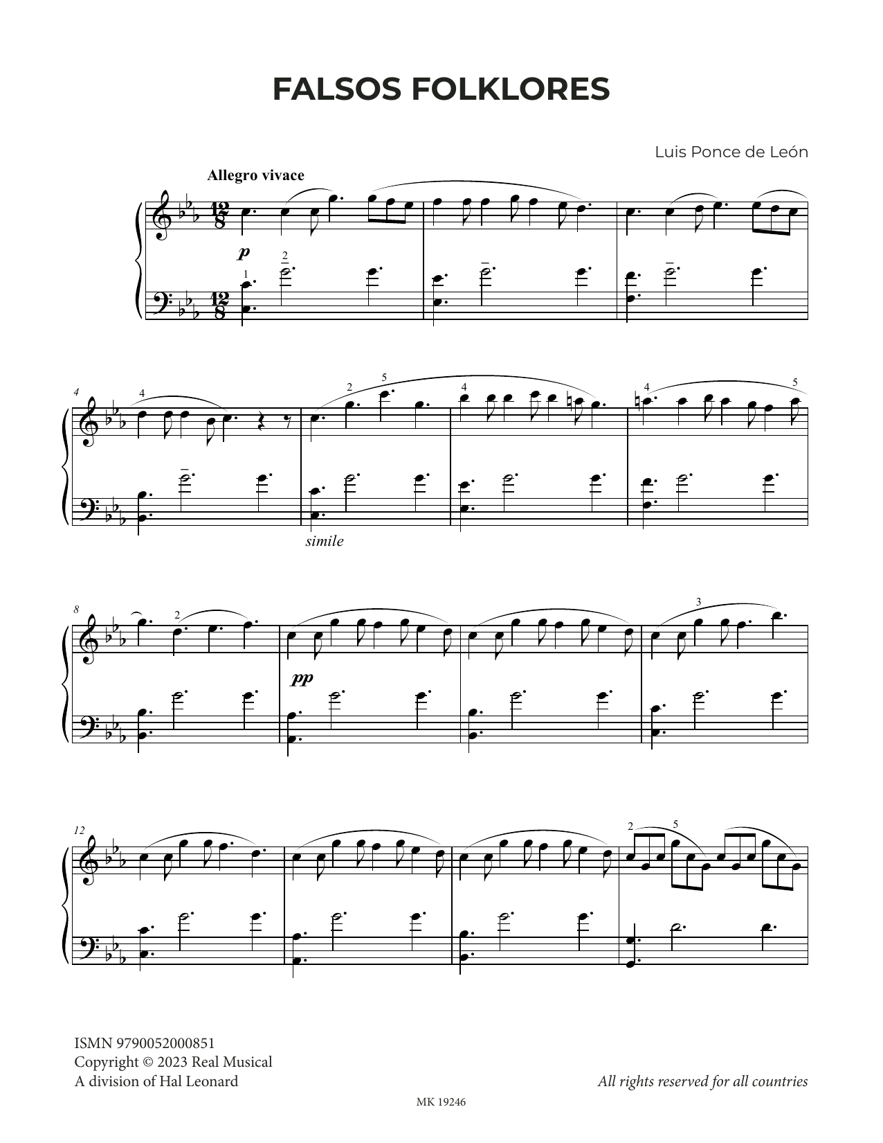 Luis Ponce de León Falsos Folklores Sheet Music Notes & Chords for Piano Solo - Download or Print PDF