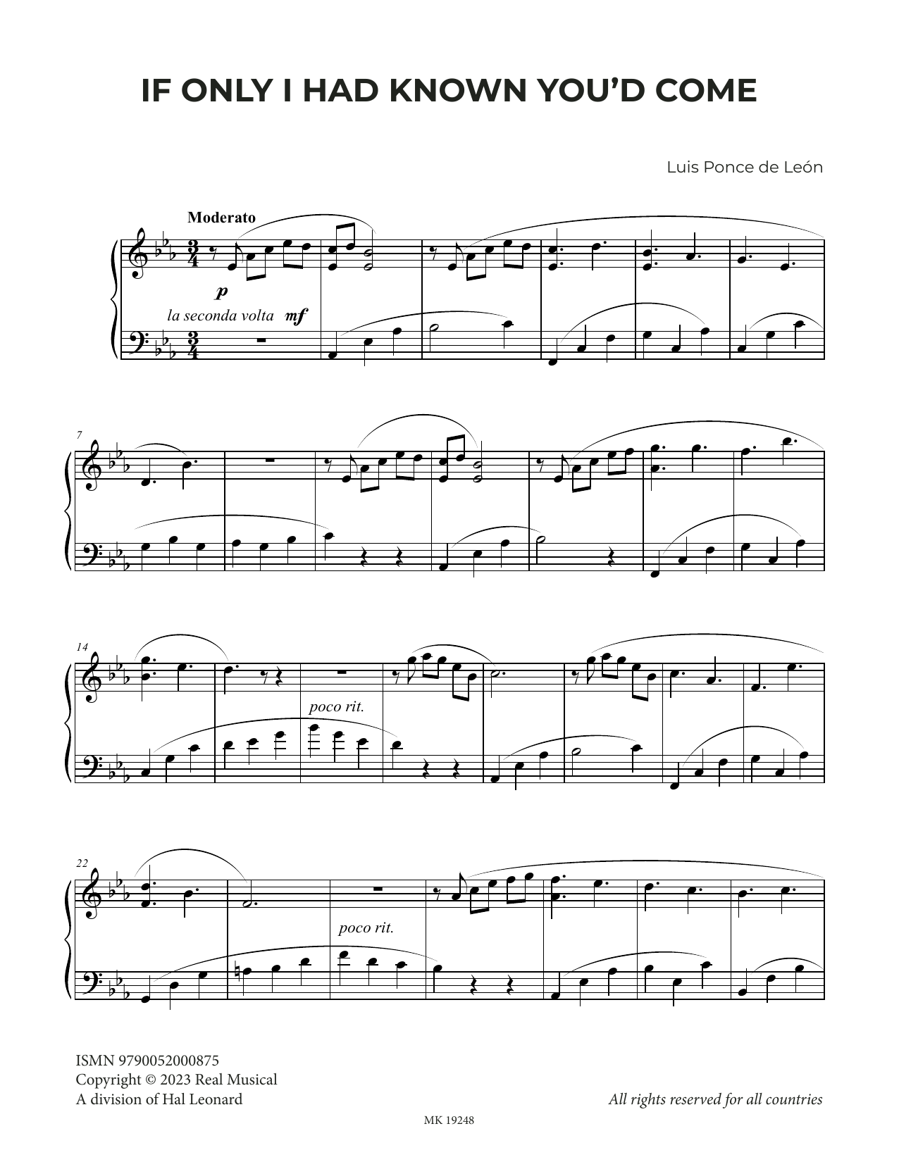 Luis Ponce de León If Only I Had Known You'd Come Sheet Music Notes & Chords for Piano Solo - Download or Print PDF
