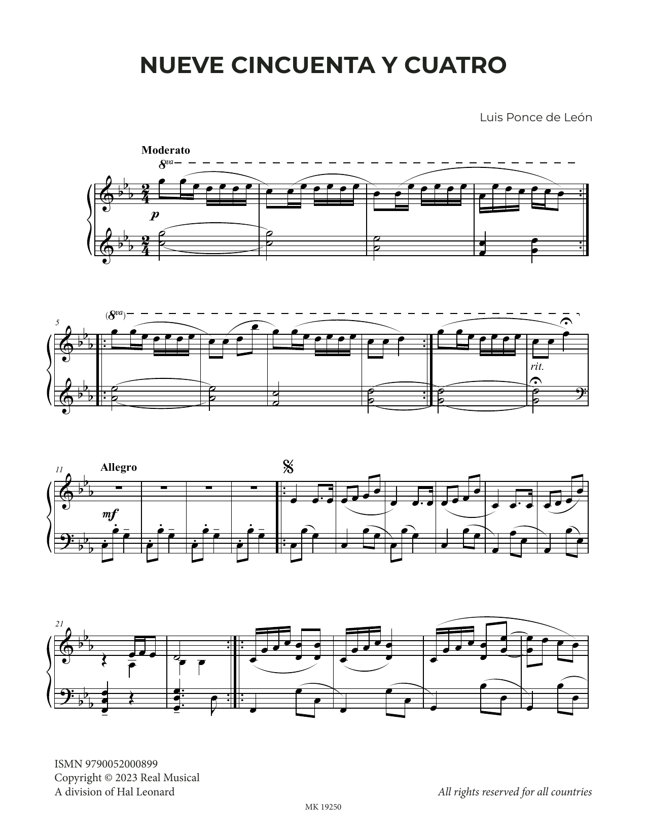 Luis Ponce de León Nueve Cincuenta y Cuatro Sheet Music Notes & Chords for Piano Solo - Download or Print PDF