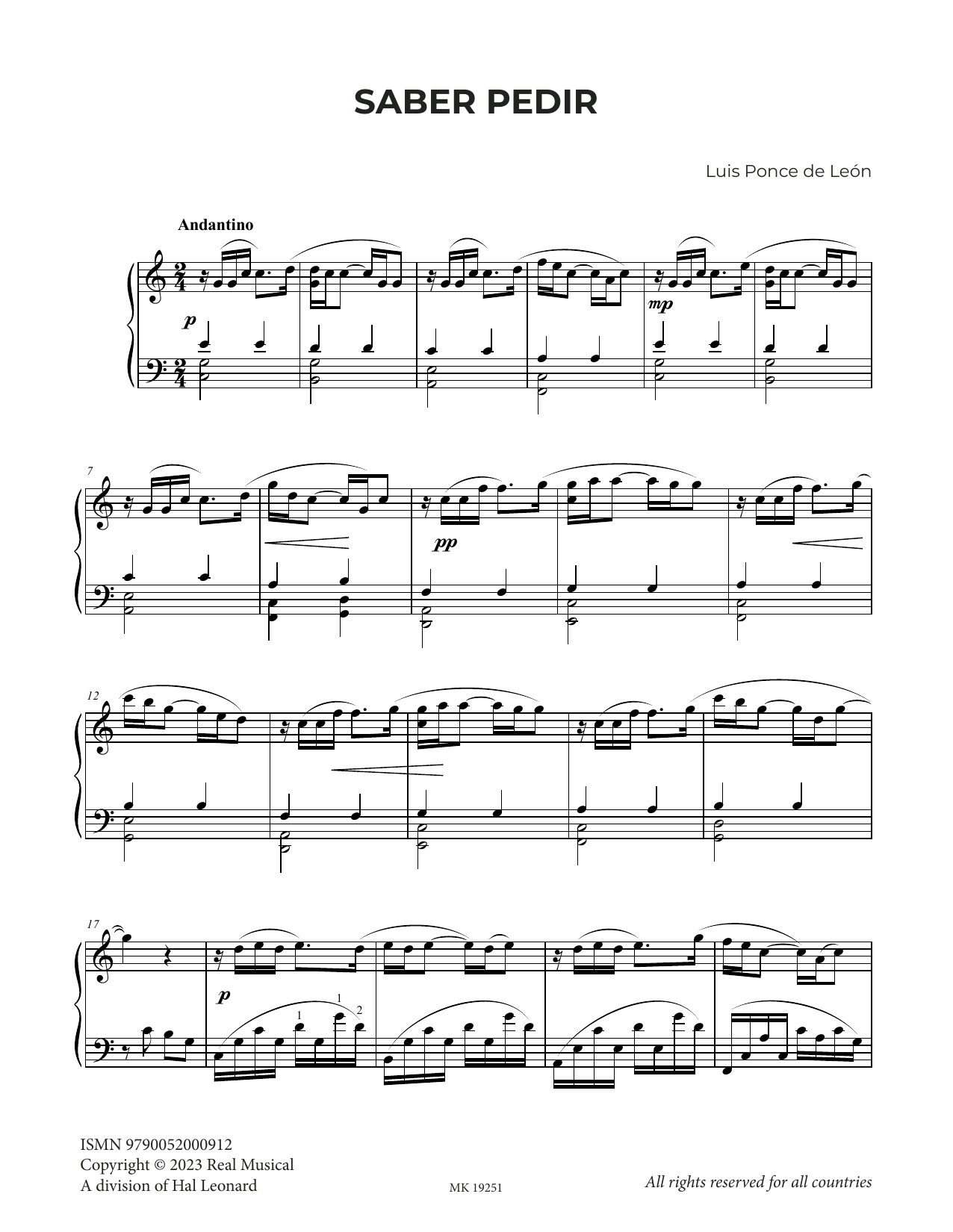 Luis Ponce de León Saber pedir Sheet Music Notes & Chords for Piano Solo - Download or Print PDF
