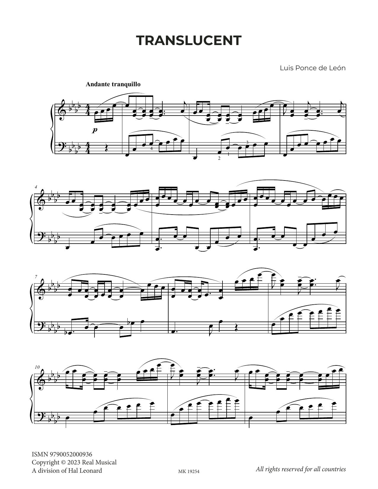 Luis Ponce de León Translucent Sheet Music Notes & Chords for Piano Solo - Download or Print PDF