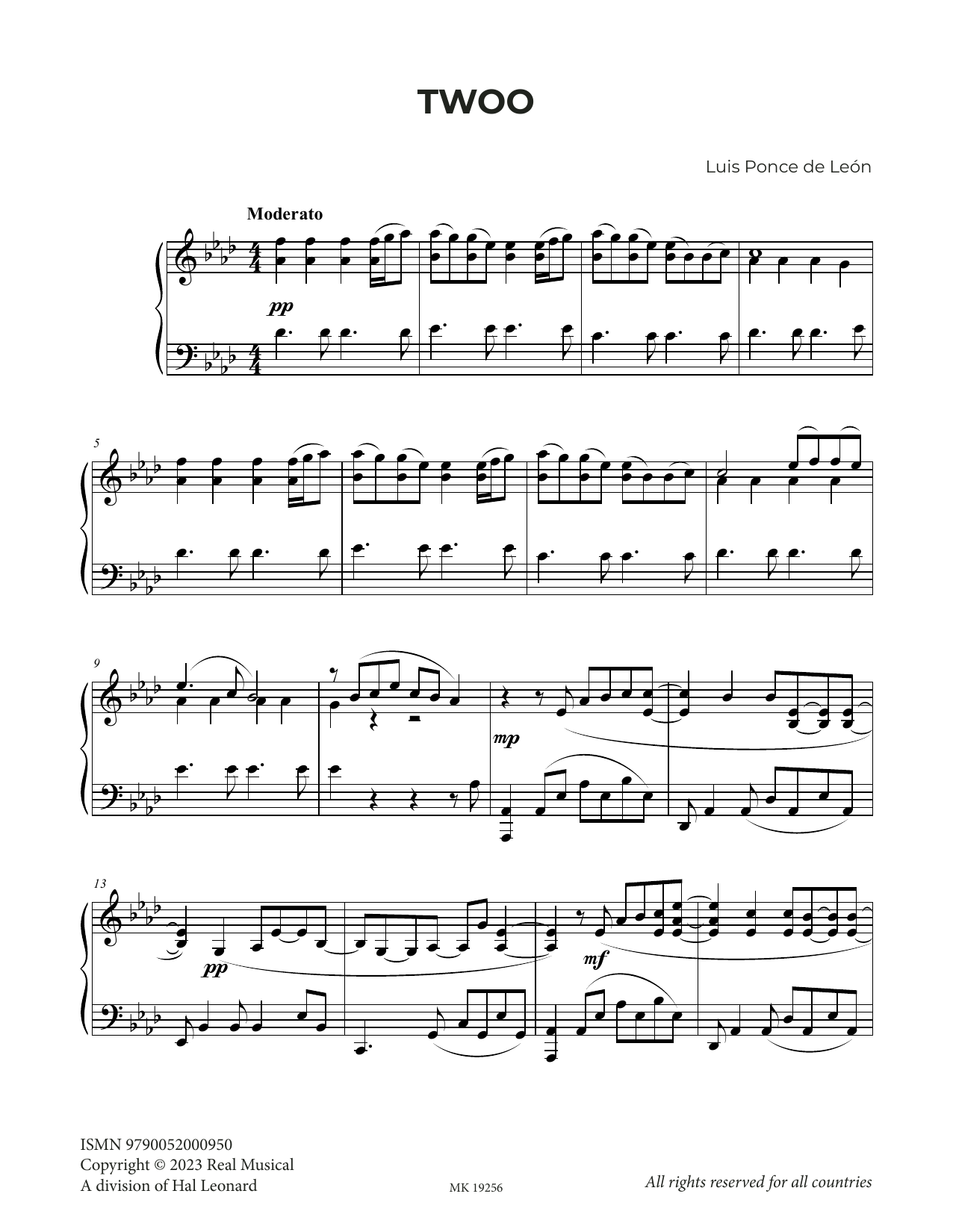 Luis Ponce de León Twoo Sheet Music Notes & Chords for Piano Solo - Download or Print PDF