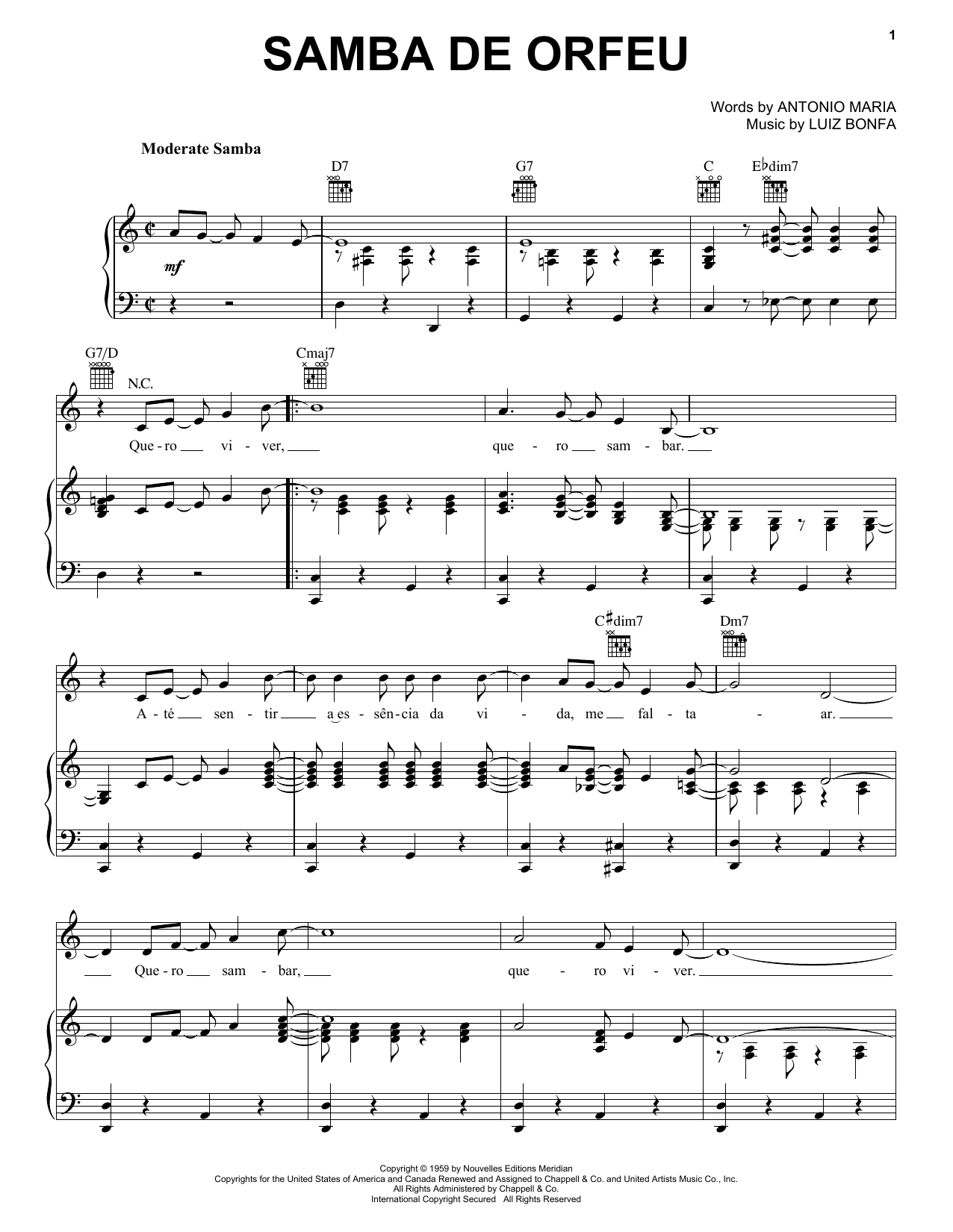 Luiz Bonfa Samba De Orfeu Sheet Music Notes & Chords for Piano, Vocal & Guitar (Right-Hand Melody) - Download or Print PDF