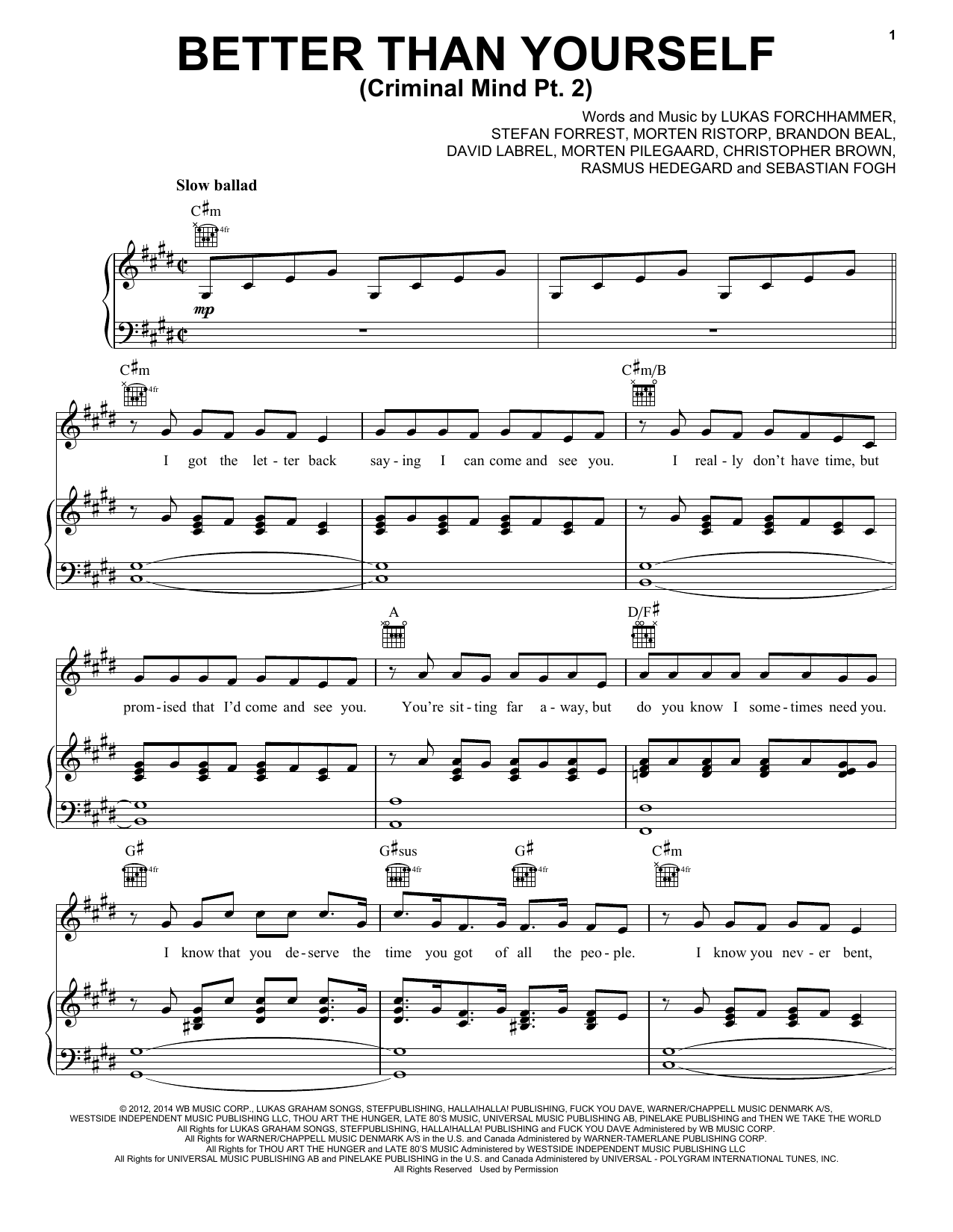 Lukas Graham Better Than Yourself (Criminal Mind Part 2) Sheet Music Notes & Chords for Piano, Vocal & Guitar (Right-Hand Melody) - Download or Print PDF Lukas Graham Better Than Yourself (Criminal Mind Part 2) Sheet Music Notes & Chords for Piano, Vocal & Guitar (Right-Hand Melody) - Download or Print PDF