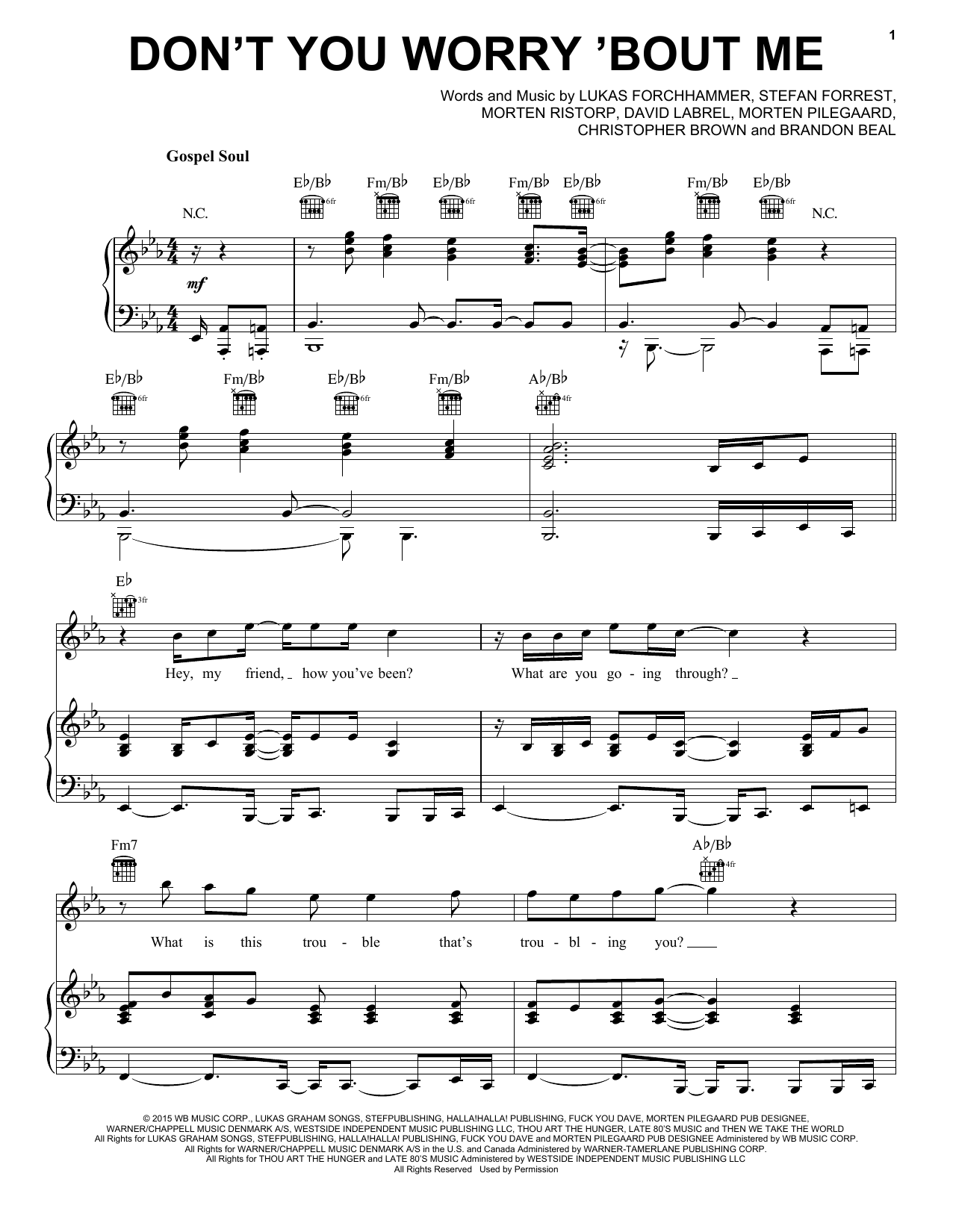 Lukas Graham Don't You Worry 'Bout Me Sheet Music Notes & Chords for Piano, Vocal & Guitar (Right-Hand Melody) - Download or Print PDF
