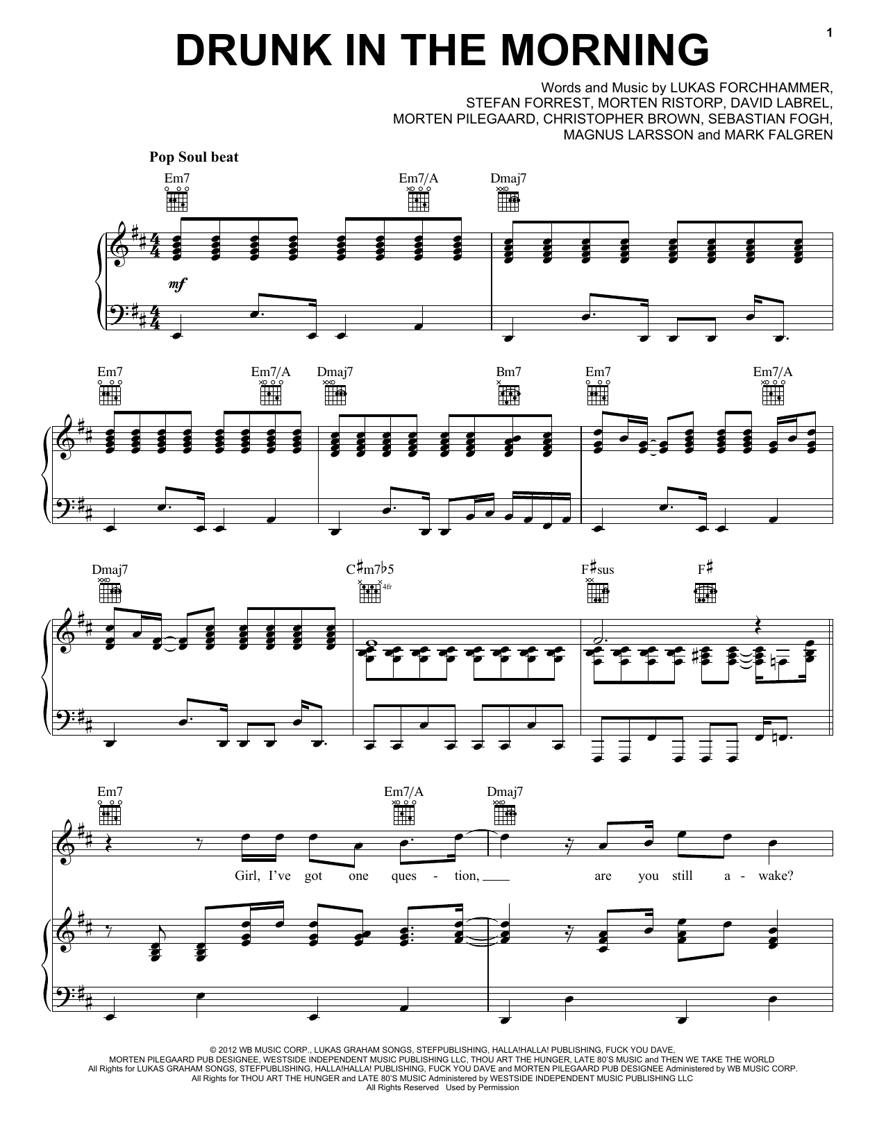 Lukas Graham Drunk In The Morning Sheet Music Notes & Chords for Piano, Vocal & Guitar (Right-Hand Melody) - Download or Print PDF