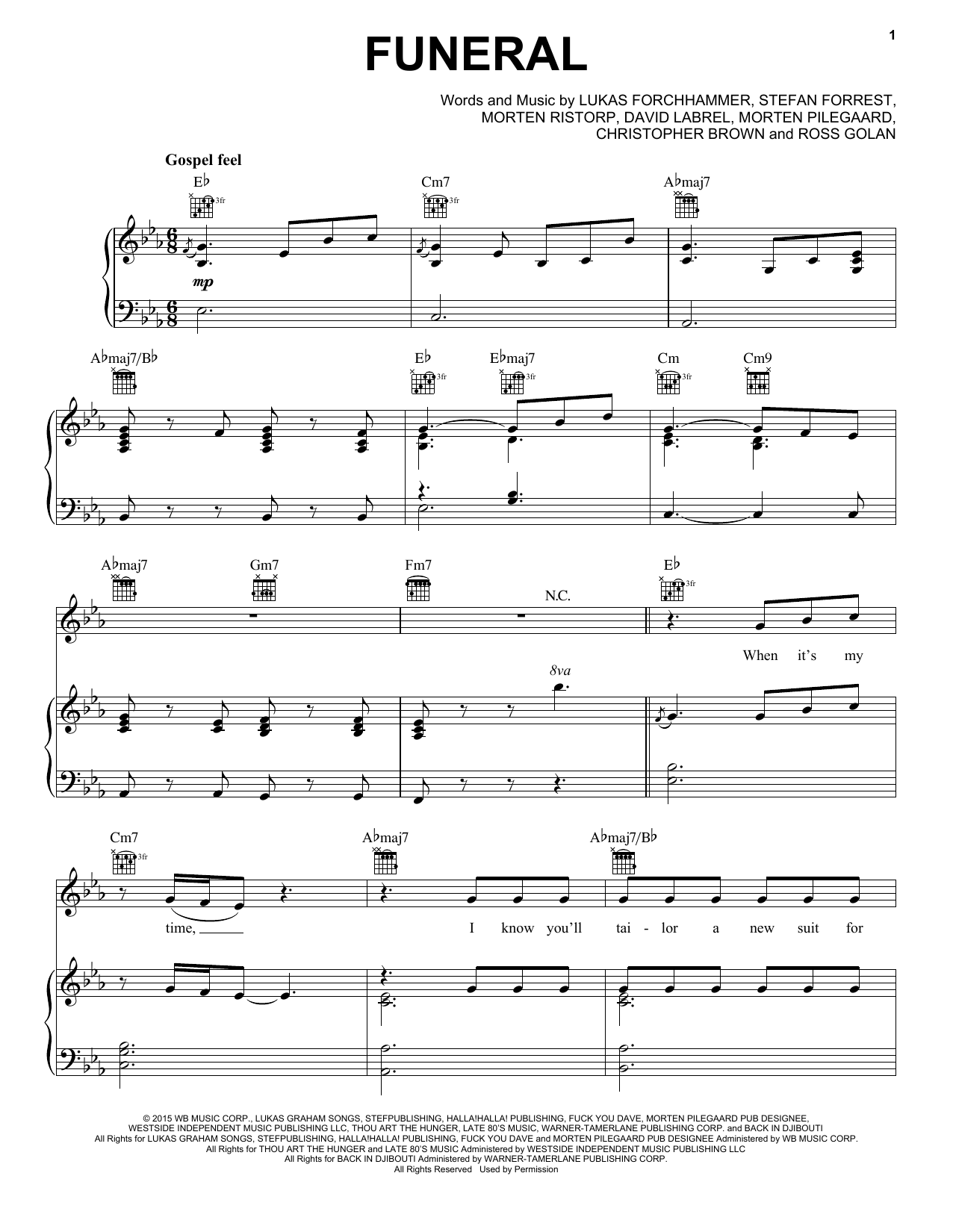 Lukas Graham Funeral Sheet Music Notes & Chords for Piano, Vocal & Guitar (Right-Hand Melody) - Download or Print PDF