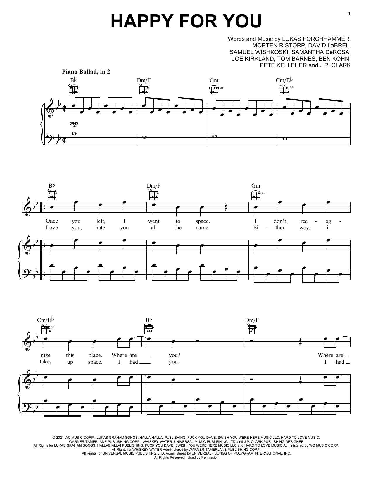 Lukas Graham Happy For You Sheet Music Notes & Chords for Piano, Vocal & Guitar (Right-Hand Melody) - Download or Print PDF