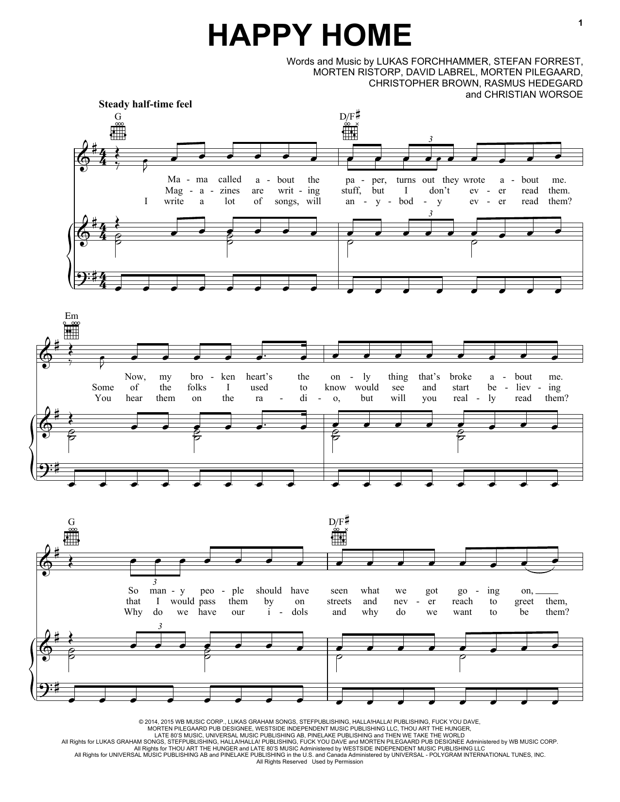 Lukas Graham Happy Home Sheet Music Notes & Chords for Piano, Vocal & Guitar (Right-Hand Melody) - Download or Print PDF