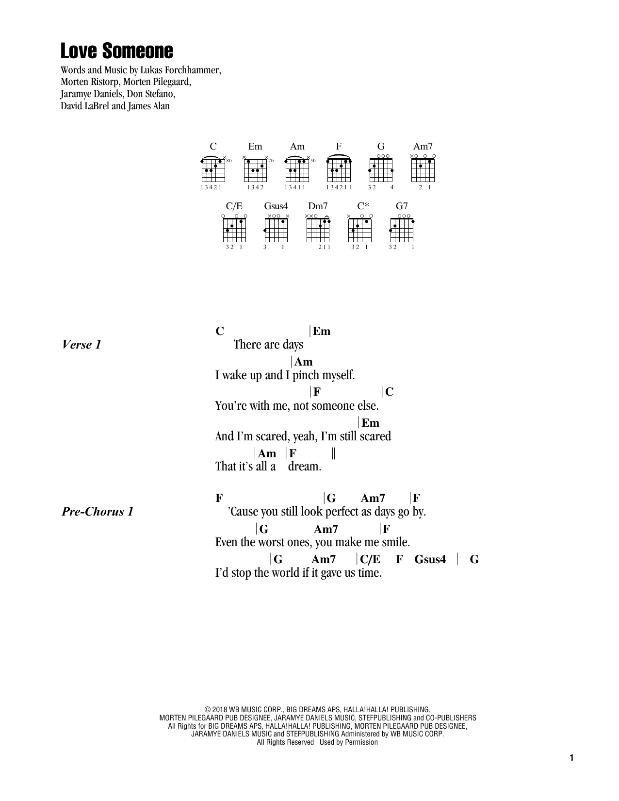 Lukas Graham Love Someone Sheet Music Notes & Chords for Guitar Chords/Lyrics - Download or Print PDF