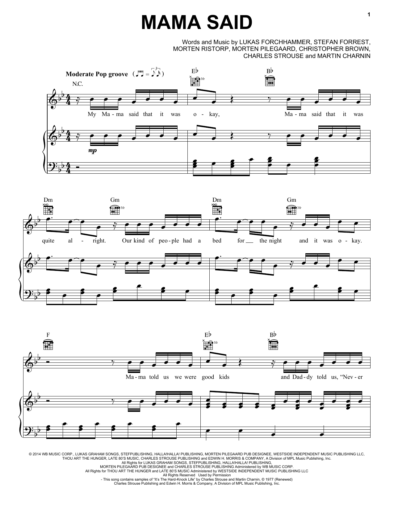 Lukas Graham Mama Said Sheet Music Notes & Chords for Piano, Vocal & Guitar (Right-Hand Melody) - Download or Print PDF
