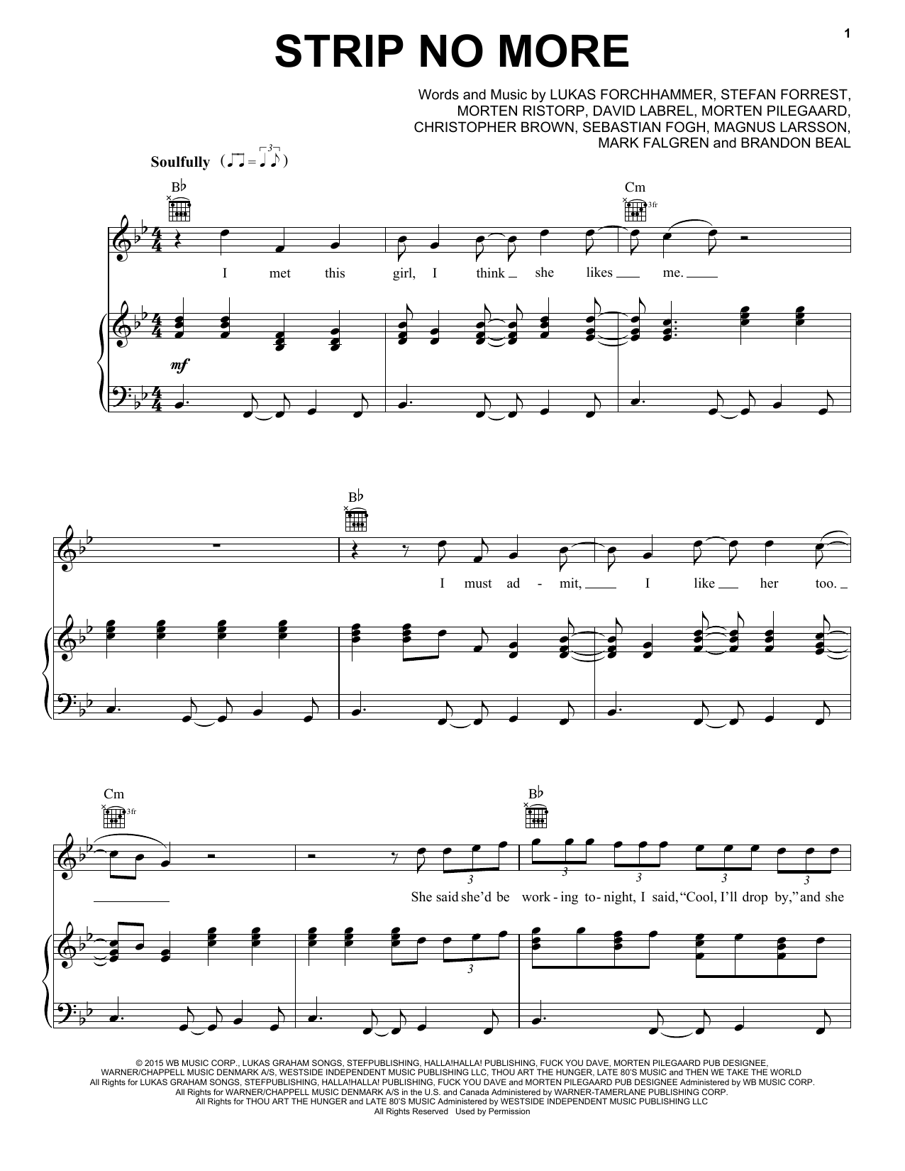 Lukas Graham Strip No More Sheet Music Notes & Chords for Piano, Vocal & Guitar (Right-Hand Melody) - Download or Print PDF