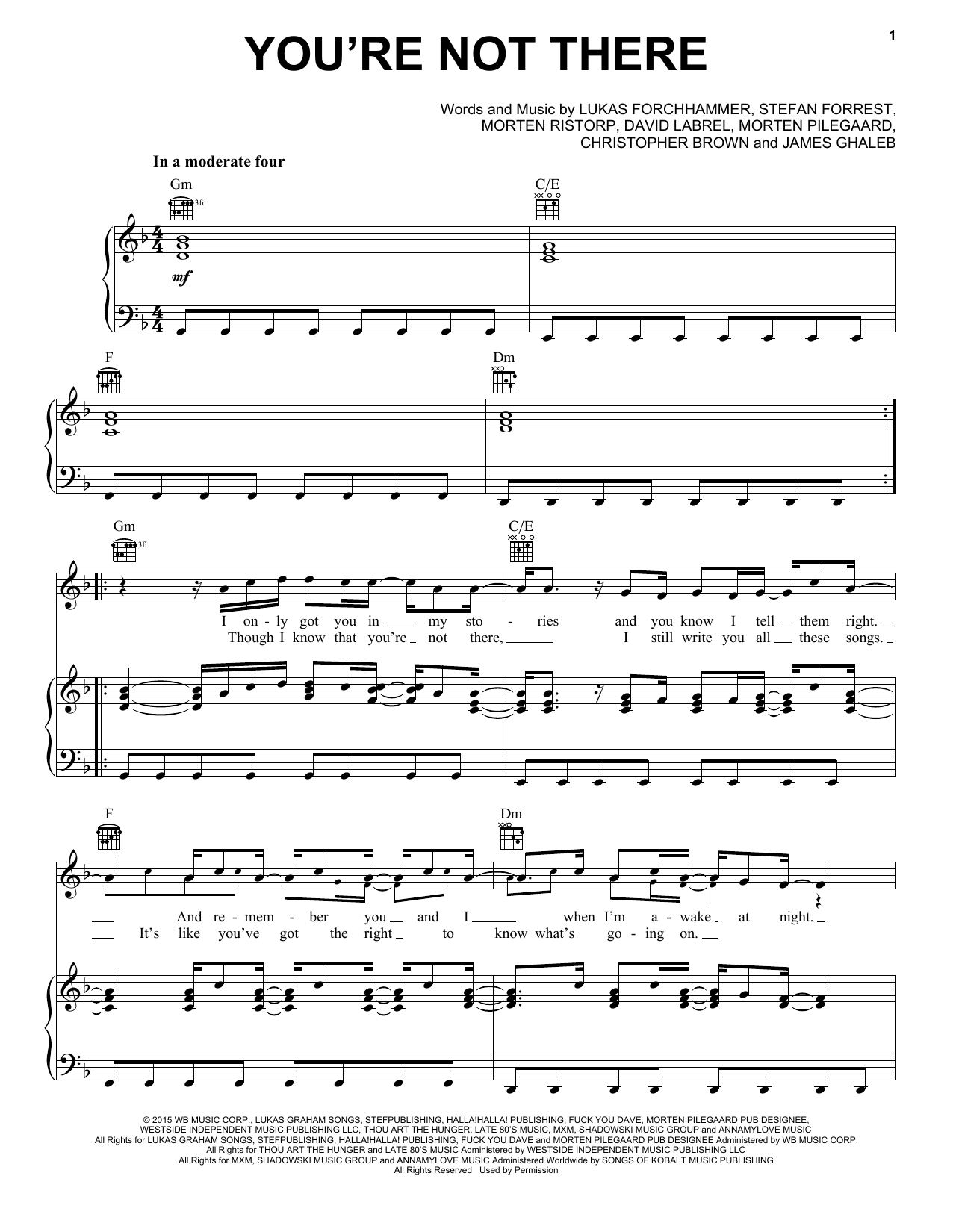 Lukas Graham You're Not There Sheet Music Notes & Chords for Piano, Vocal & Guitar (Right-Hand Melody) - Download or Print PDF