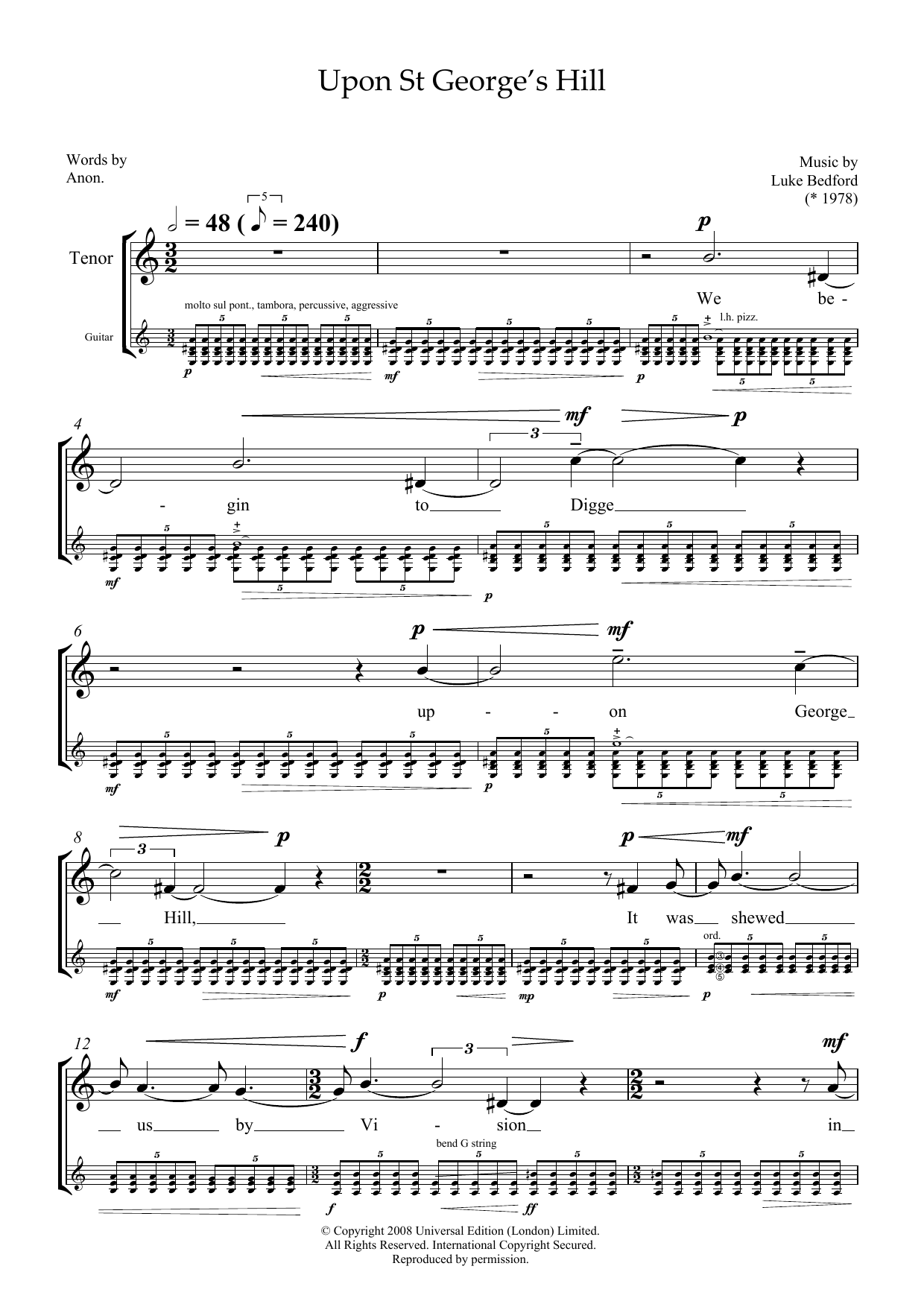 Luke Bedford Upon St George's Hill (for tenor and guitar) Sheet Music Notes & Chords for Piano & Vocal - Download or Print PDF