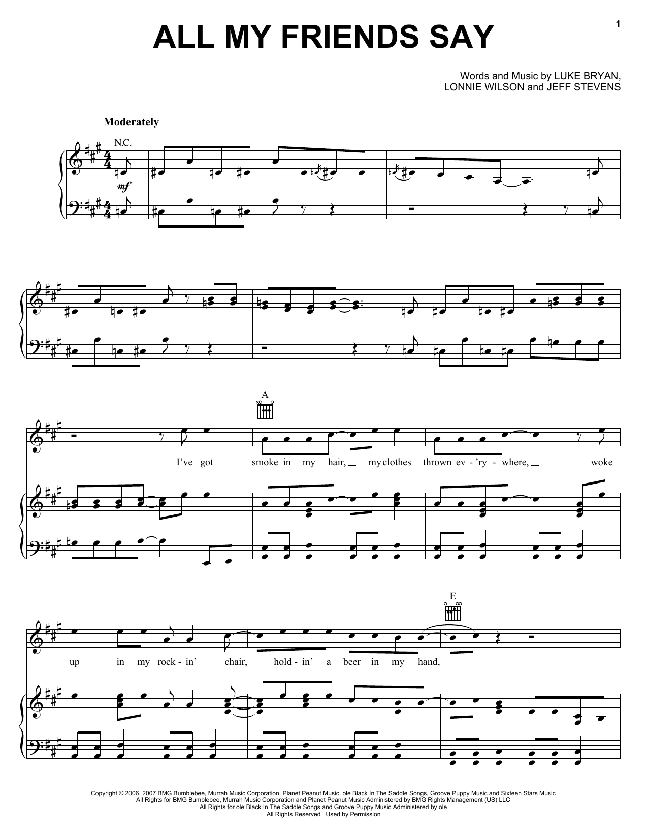 Luke Bryan All My Friends Say Sheet Music Notes & Chords for Piano, Vocal & Guitar (Right-Hand Melody) - Download or Print PDF