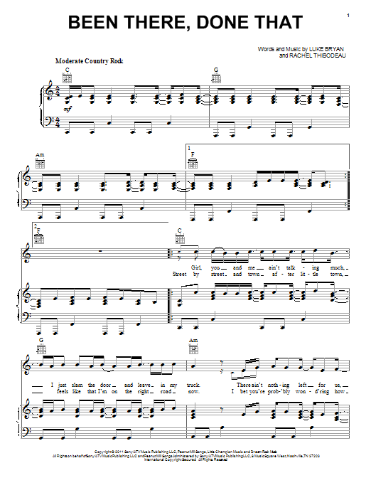 Luke Bryan Been There, Done That Sheet Music Notes & Chords for Piano, Vocal & Guitar (Right-Hand Melody) - Download or Print PDF