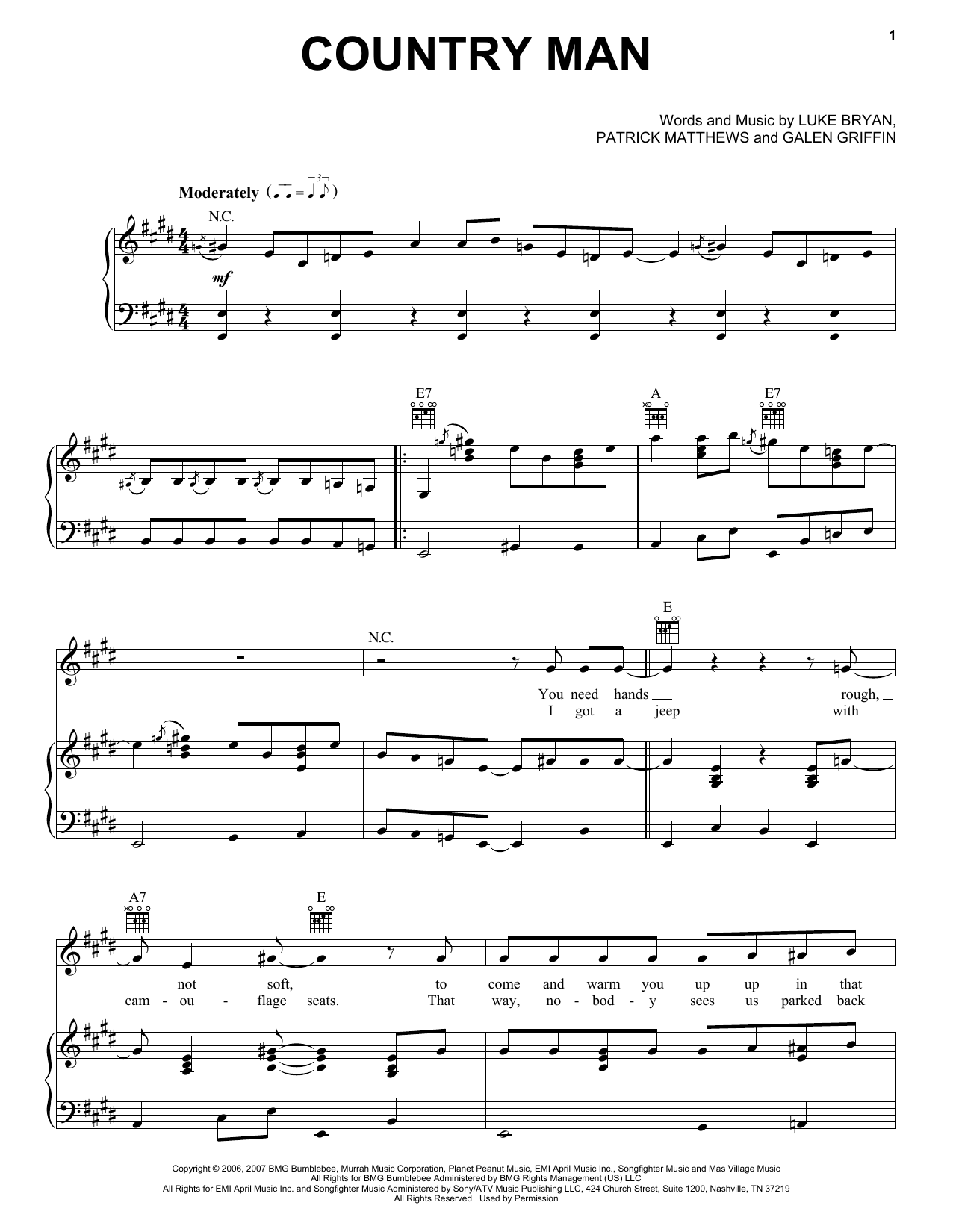 Luke Bryan Country Man Sheet Music Notes & Chords for Piano, Vocal & Guitar (Right-Hand Melody) - Download or Print PDF