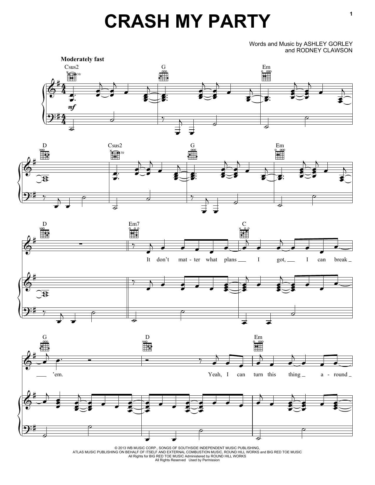 Luke Bryan Crash My Party Sheet Music Notes & Chords for Piano, Vocal & Guitar (Right-Hand Melody) - Download or Print PDF