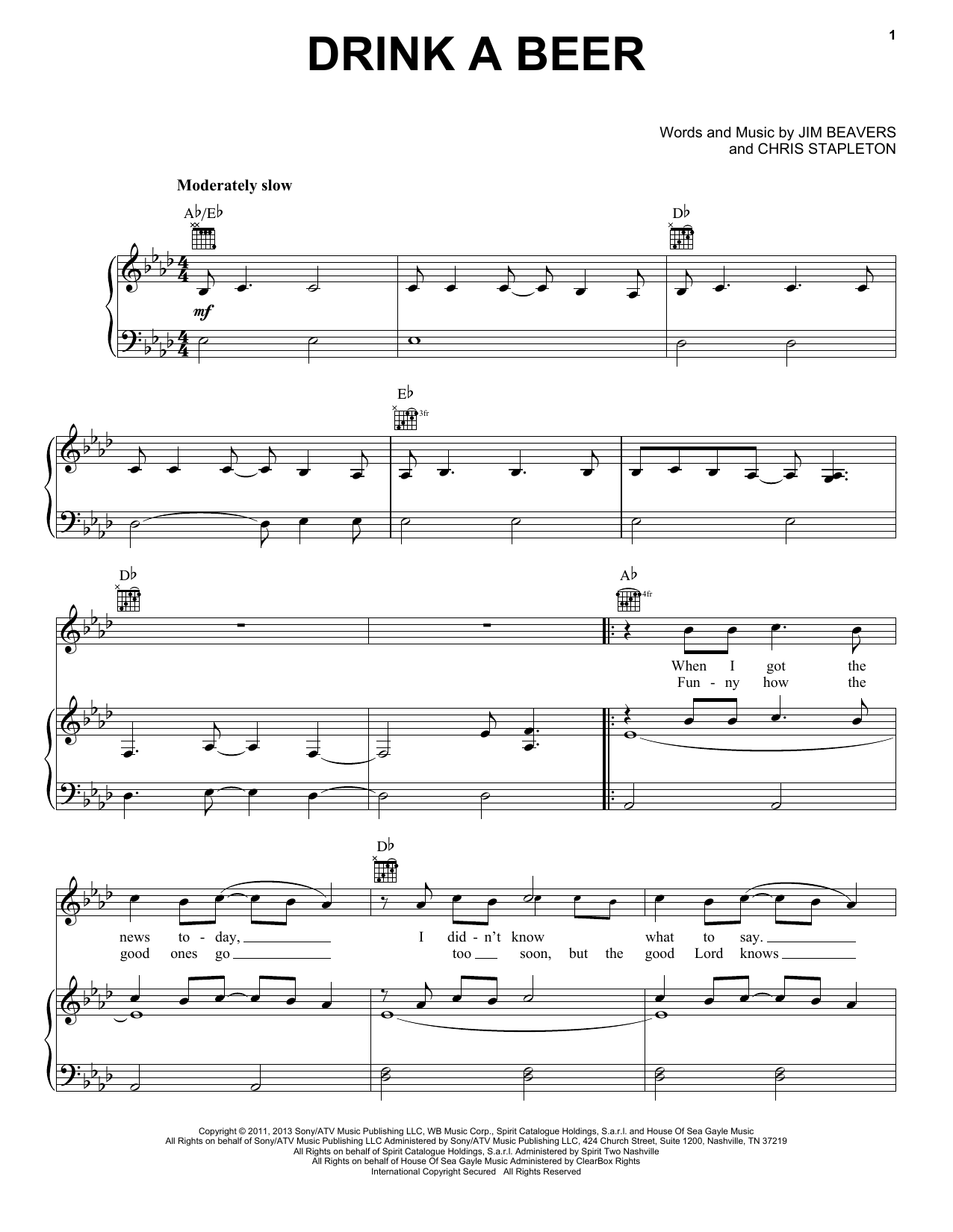 Luke Bryan Drink A Beer Sheet Music Notes & Chords for Piano, Vocal & Guitar (Right-Hand Melody) - Download or Print PDF