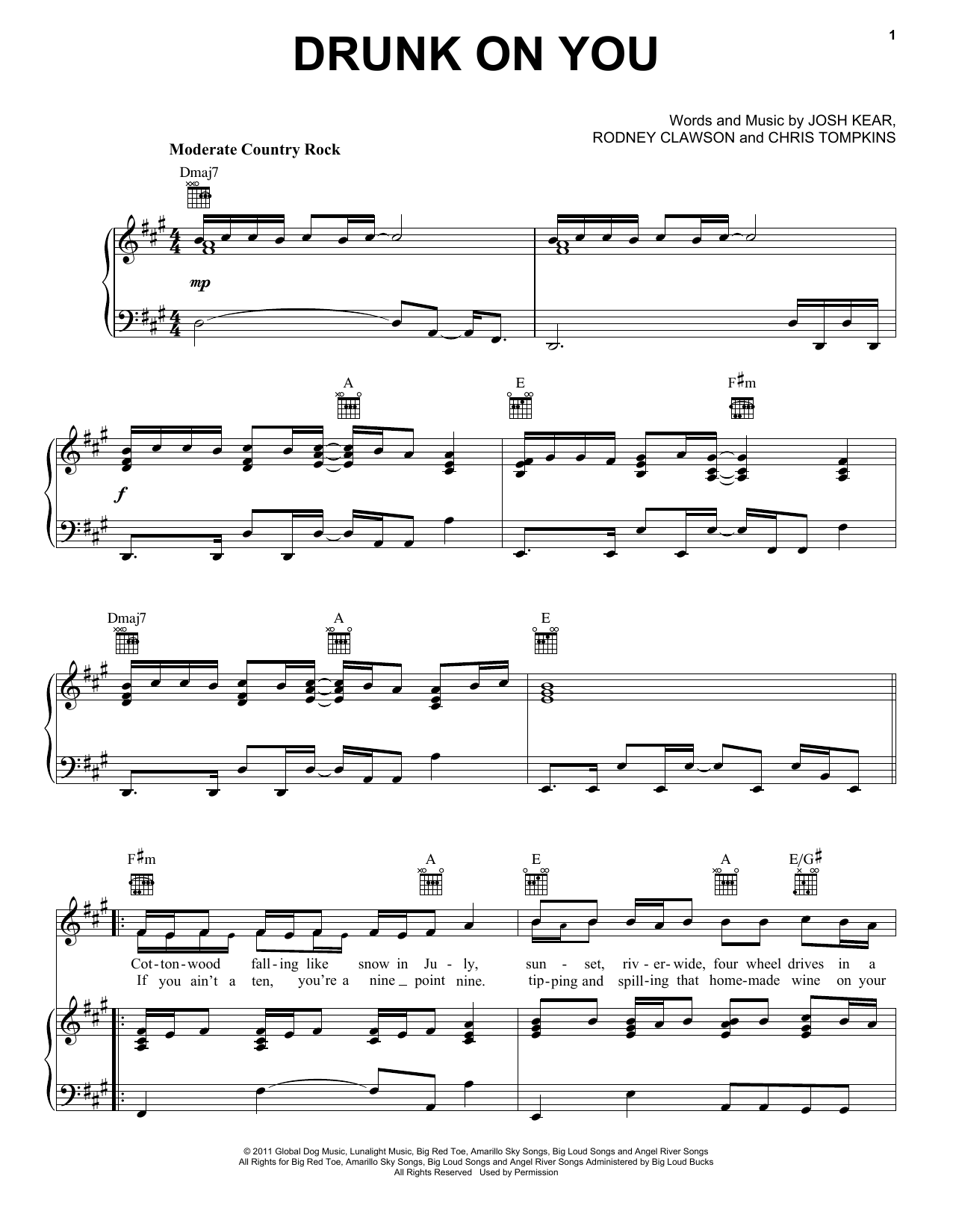 Luke Bryan Drunk On You Sheet Music Notes & Chords for Piano, Vocal & Guitar (Right-Hand Melody) - Download or Print PDF