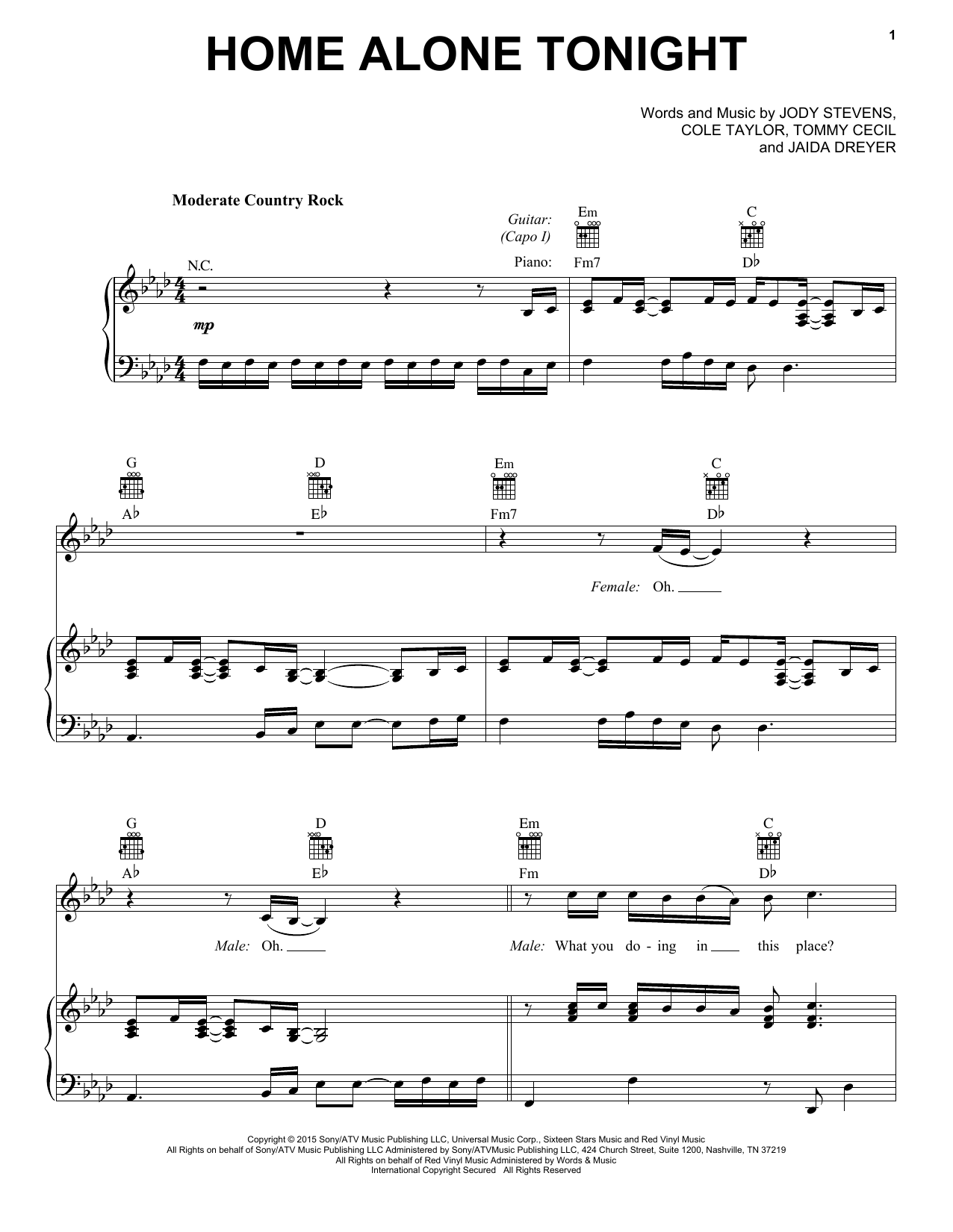 Luke Bryan feat. Karen Fairchild Home Alone Tonight Sheet Music Notes & Chords for Piano, Vocal & Guitar (Right-Hand Melody) - Download or Print PDF