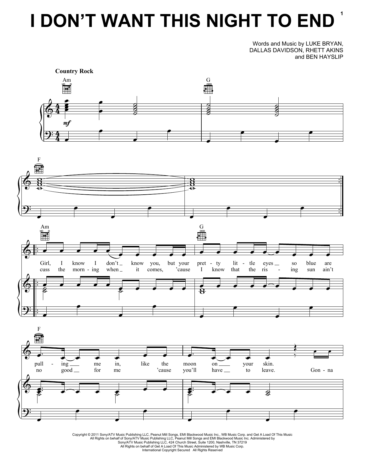 Luke Bryan I Don't Want This Night To End Sheet Music Notes & Chords for Piano, Vocal & Guitar - Download or Print PDF