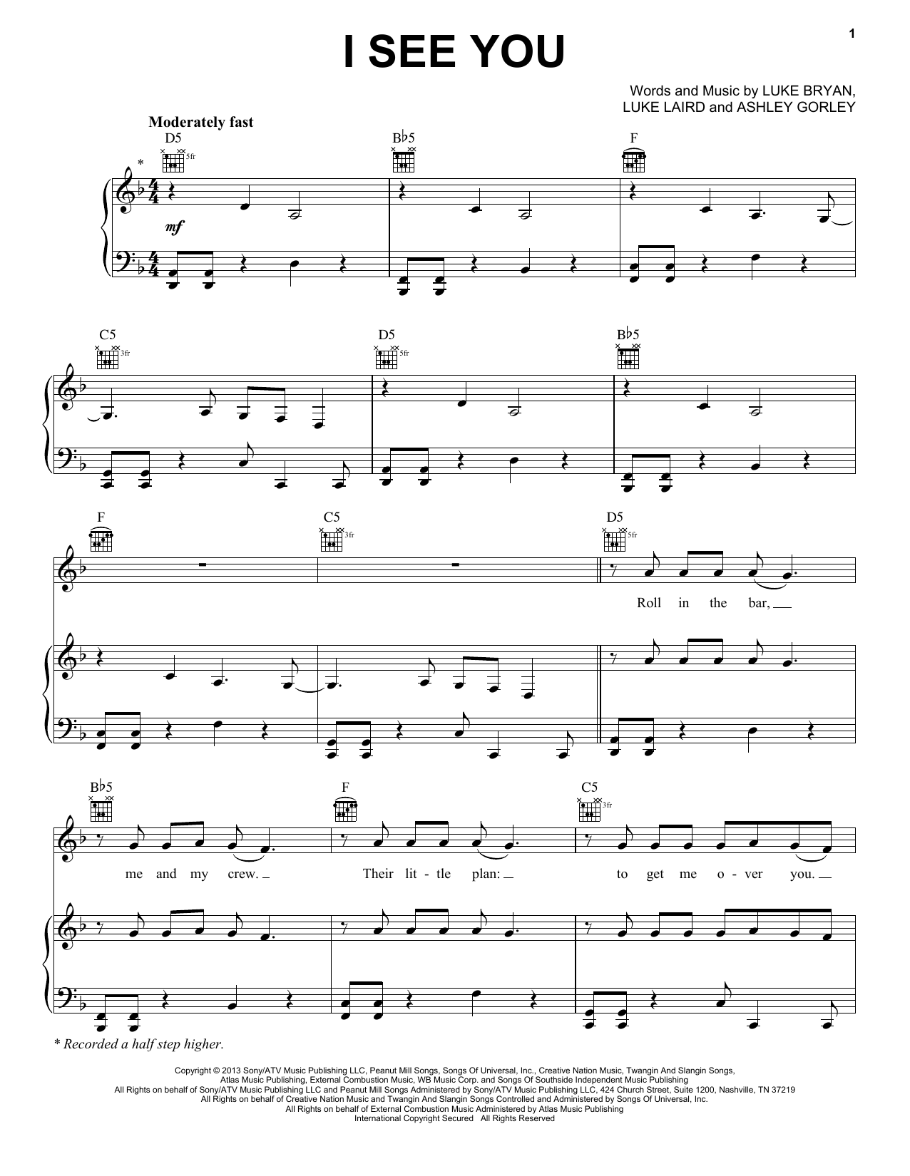 Luke Bryan I See You Sheet Music Notes & Chords for Piano, Vocal & Guitar (Right-Hand Melody) - Download or Print PDF